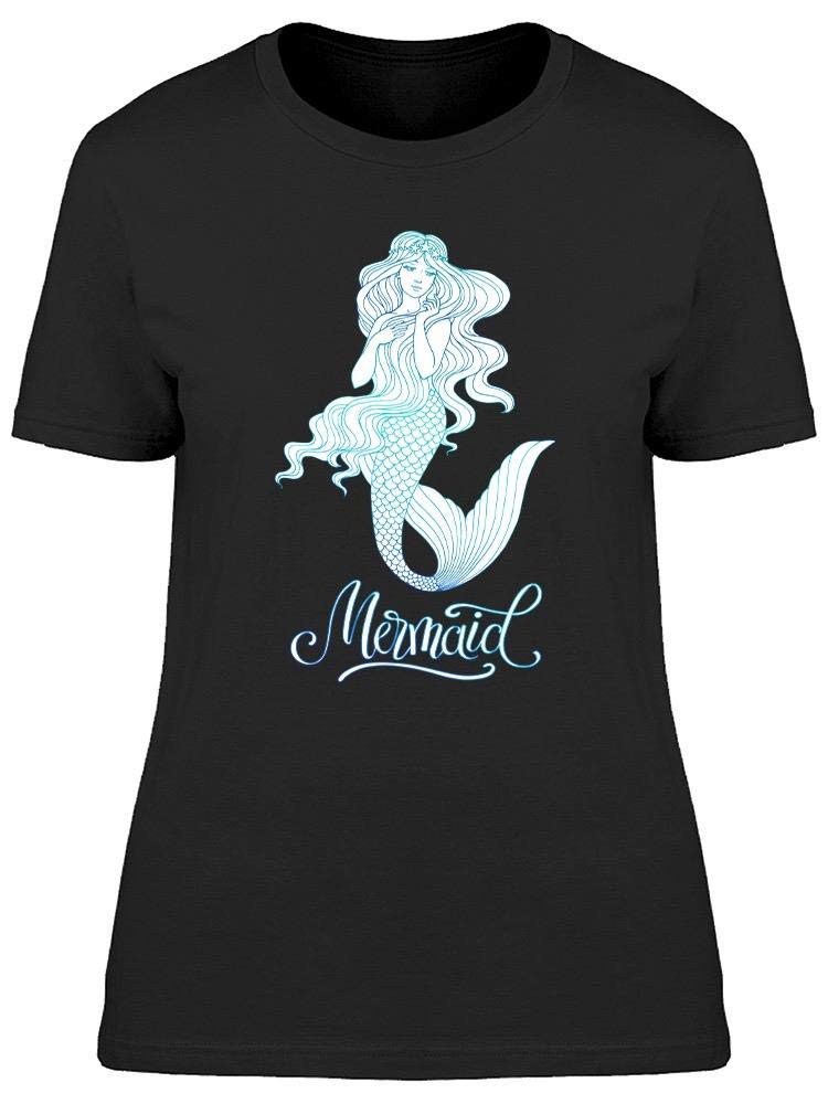 Hand Drawn Mermaid Graphic T-Shirt for Women - Blue Cotton Casual Tee - Perfect for Beach Outings, Summer Vacations & Boho Fashion