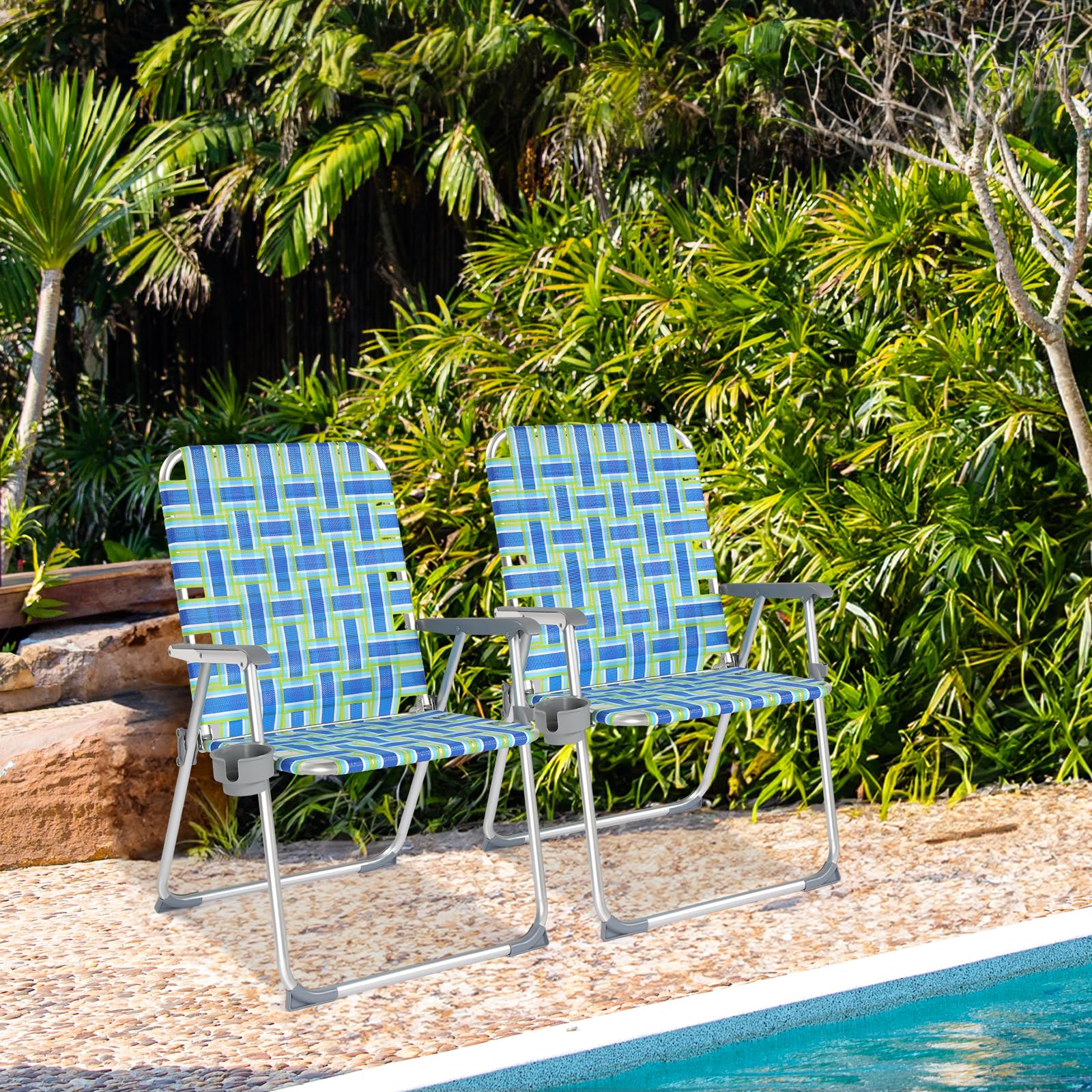 VINGLI 2 Pack Folding Aluminum Webbed Oversized Lawn Chairs - Heavy Duty 300LBS Capacity Beach Chairs for Adults with Detachable Cup Holder, Portable Patio Chairs for Yard, Garden, Poolside & Outdoor Relaxation (Blue/Green)