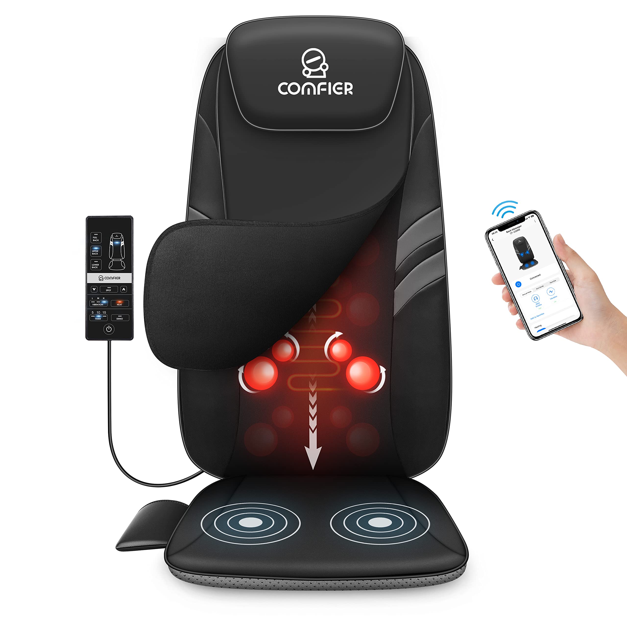 COMFIER Electric Shiatsu Massage Chair Pad with Heat & APP Control - Relieves Back Pain, Perfect for Office & Home Use - Ideal Gift for Mom, Dad, Him or Her - Great for Stress Relief & Muscle Relaxation