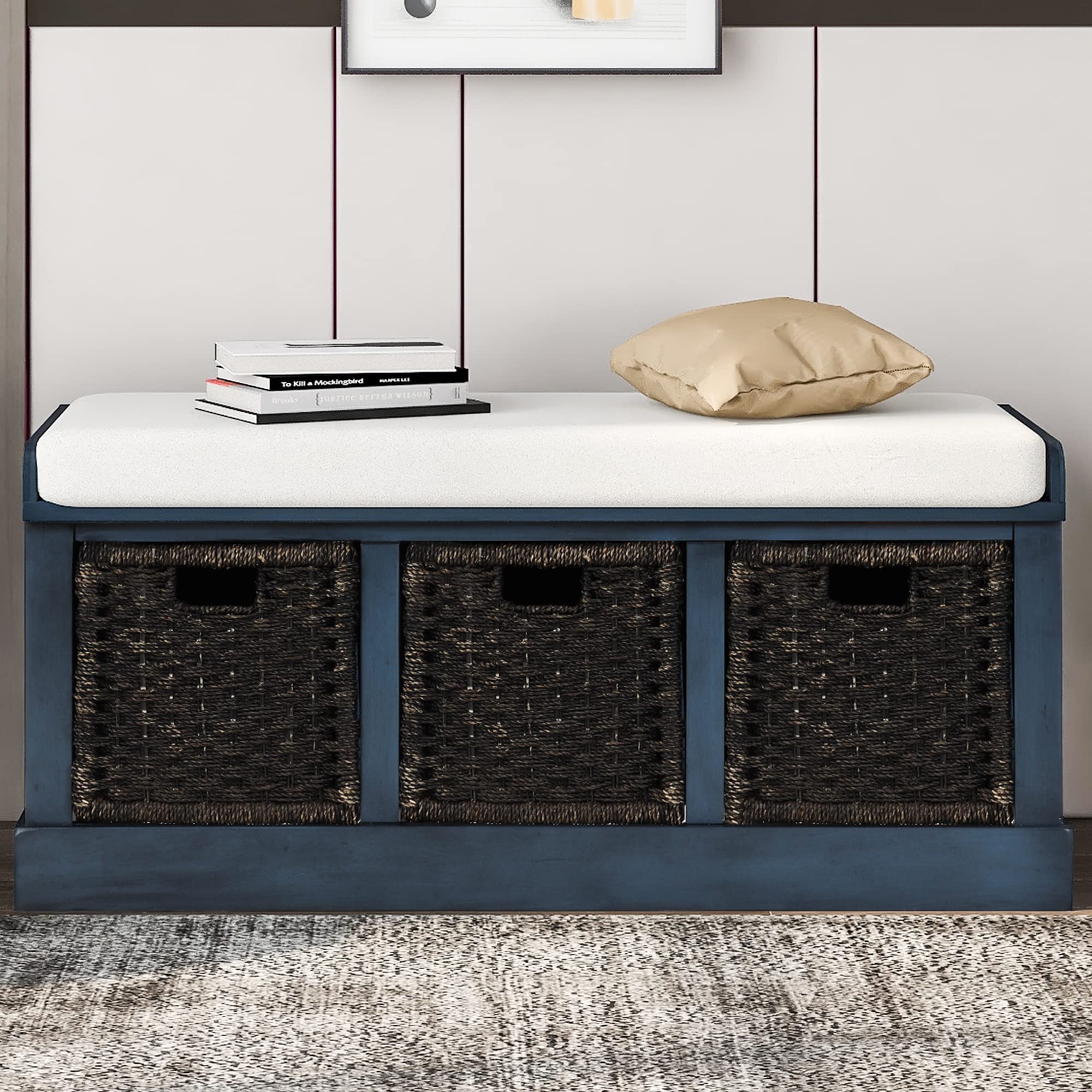 Rustic Shoe Storage Bench with 3 Removable Rattan Baskets & Cushion - Entryway Organizer for Shoes, Hats & Accessories | Perfect for Hallway, Bedroom & Mudroom (Antique Navy)