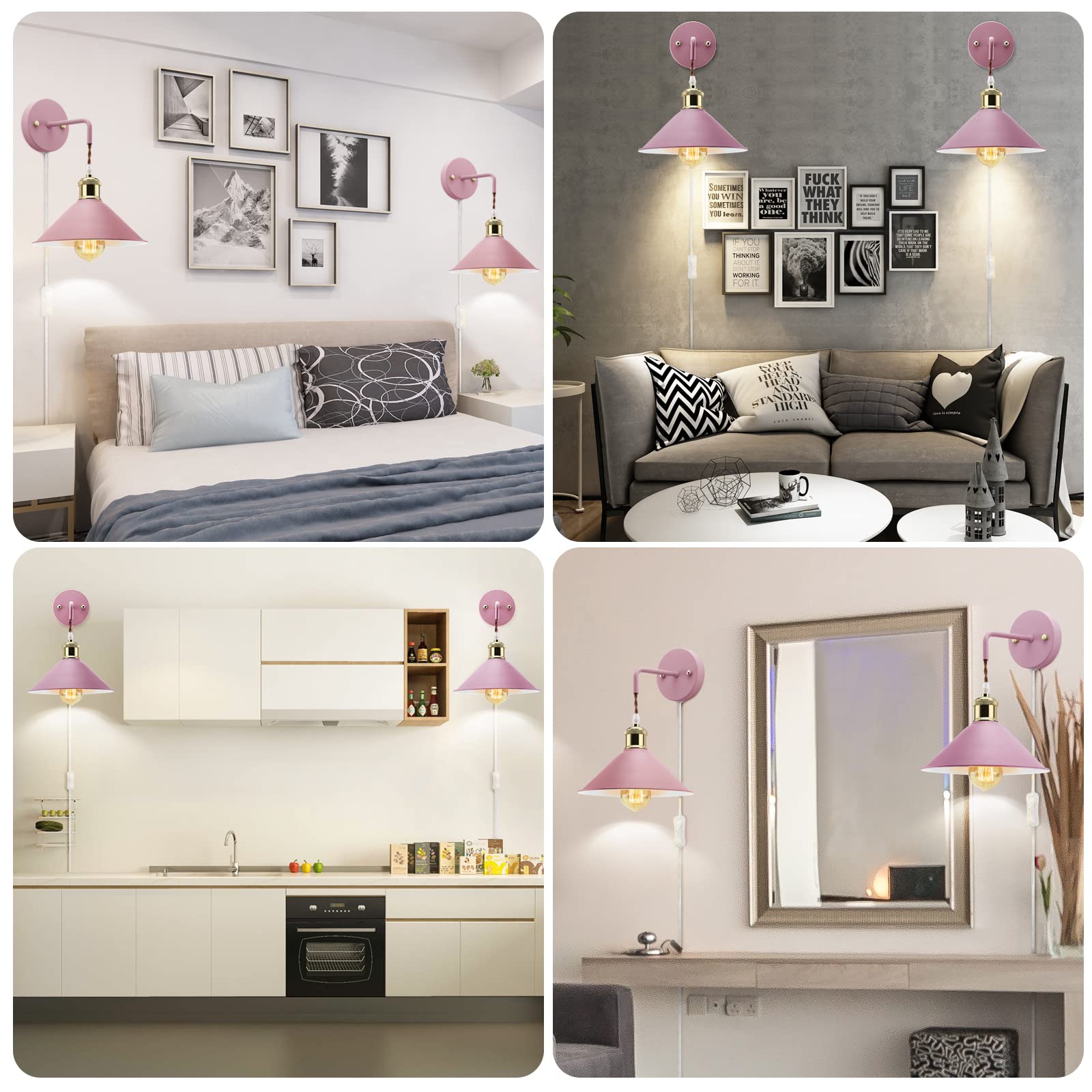 Modern Plug-in Wall Sconces 2-Pack - Pink E26 Wall Lamp with Cord, Adjustable Plug-in Wall Lighting Fixture for Bedroom, Living Room & Hallway Decor