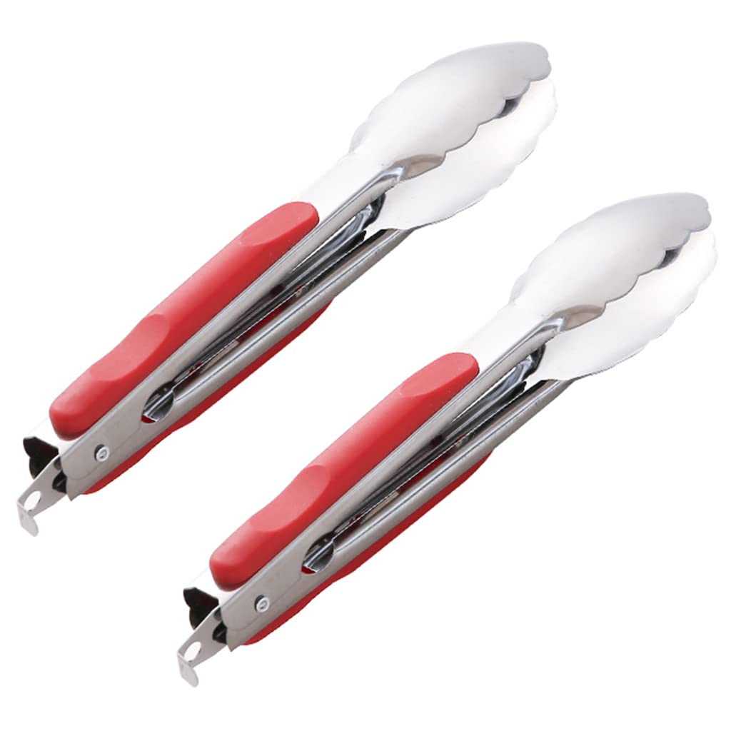 Premium Stainless Steel Kitchen Tongs with Silicone Grips - Heat Resistant, Locking Mechanism for Safe Cooking - Ideal for Grilling, BBQ, Baking & Serving Steak, Bread & More (Red) - Perfect for Home Chefs & Outdoor Cooking