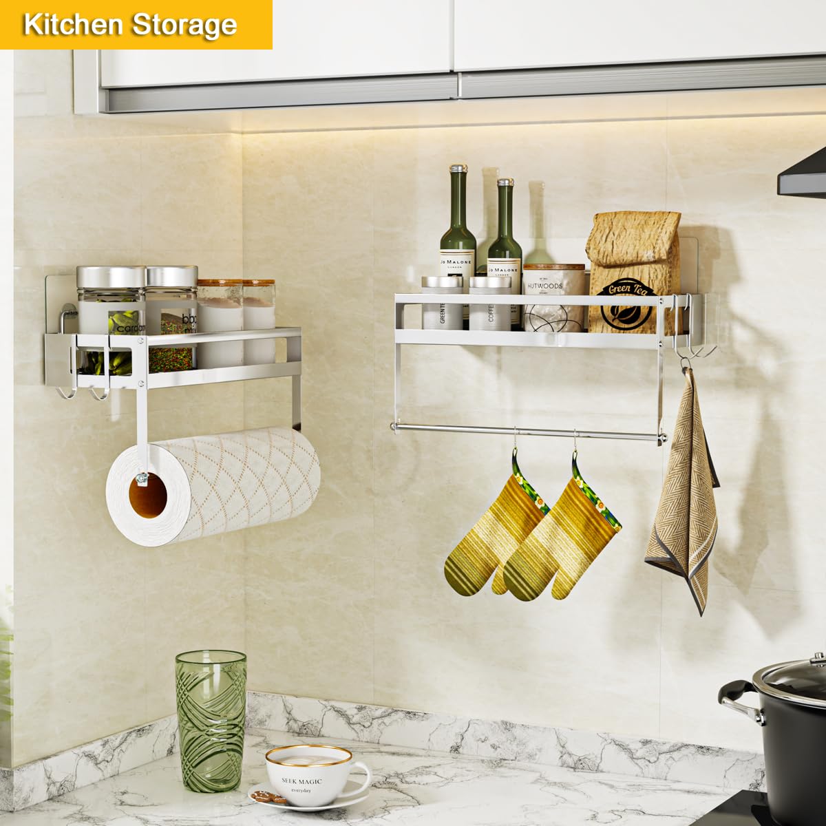 2-in-1 Wall Mounted Paper Towel Holder with Shelf Storage - SUS304 Brushed Nickel Finish - Self-Adhesive or Drilling Installation - Perfect for Kitchen, Bathroom & Balcony Organization - Space Saving Home & Office Storage Solution