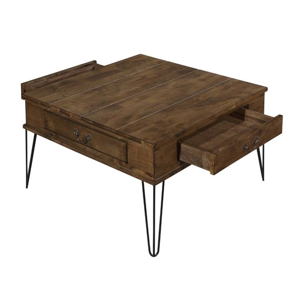 Rustic Oak and Black Lexicon Shaffner Wood 2-Drawer Square Coffee Table - Perfect for Living Room, Lounge, or Office Decor