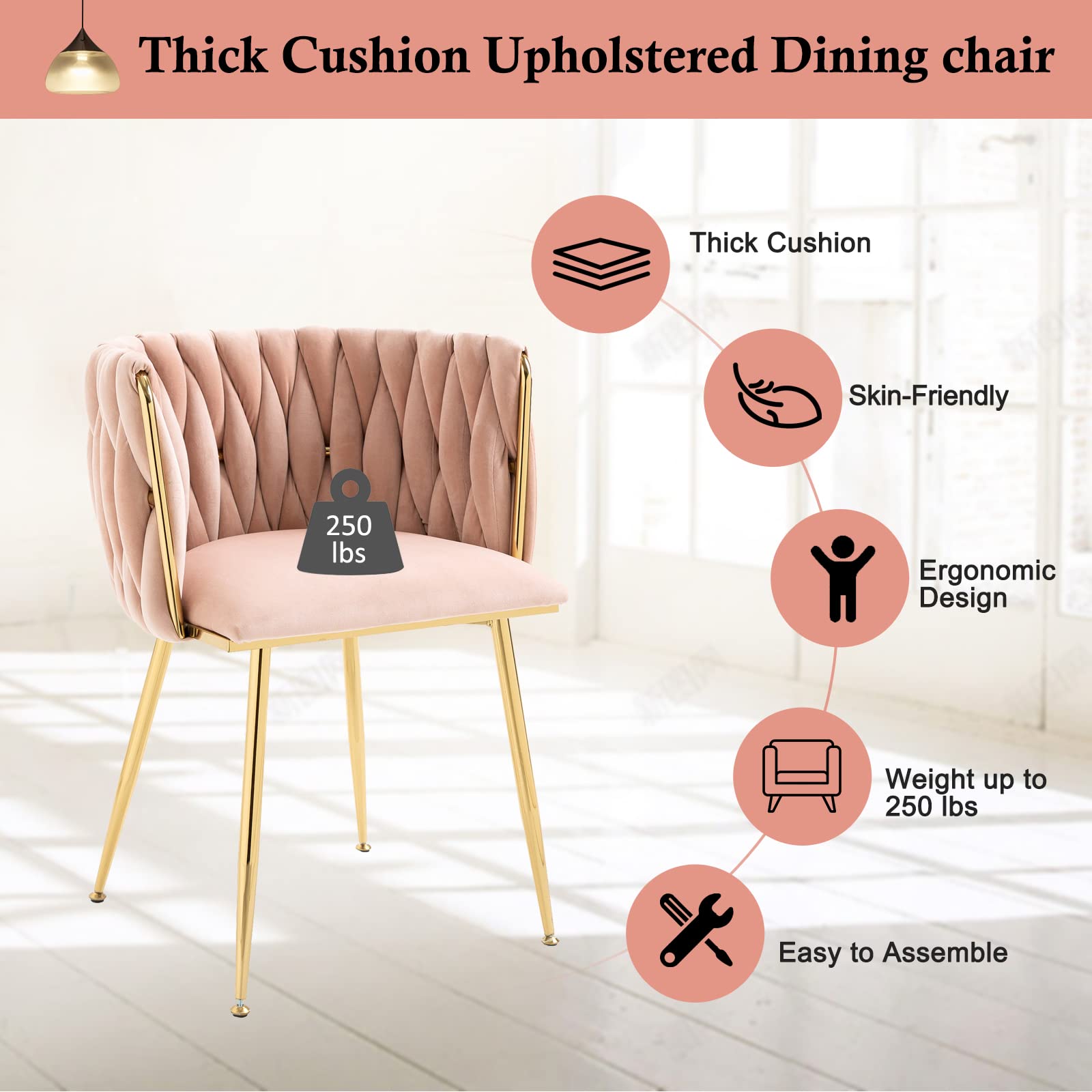 NIOIIKIT Modern Velvet Dining Chairs Set of 2 - Handwoven Upholstered Accent Chairs with Golden Metal Legs for Living Room, Dining Room, Kitchen & Vanity (Pink) - Perfect for Home Decor, Entertaining & Small Space Seating