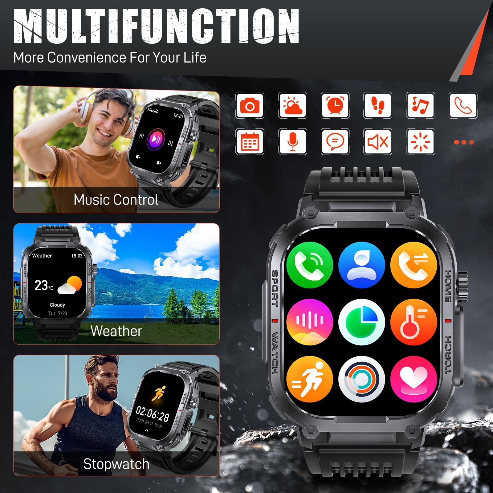 Military Tactical Smart Watch for Men - 3ATM Waterproof, 2.02