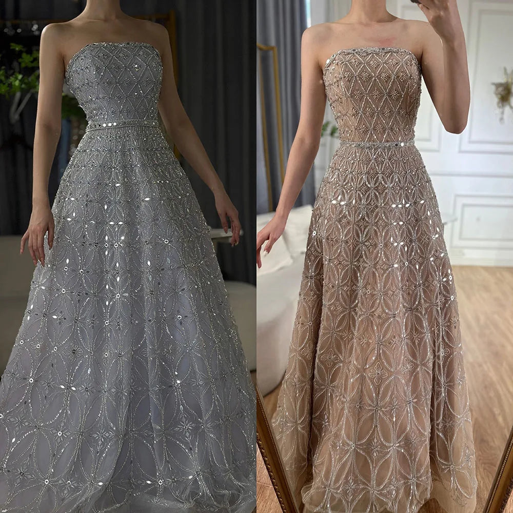 Elegant Beaded Long Evening Dresses for Women - Luxury Dubai Arabic Gray A-Line Gowns for Prom, Wedding & Formal Occasions | LA72755