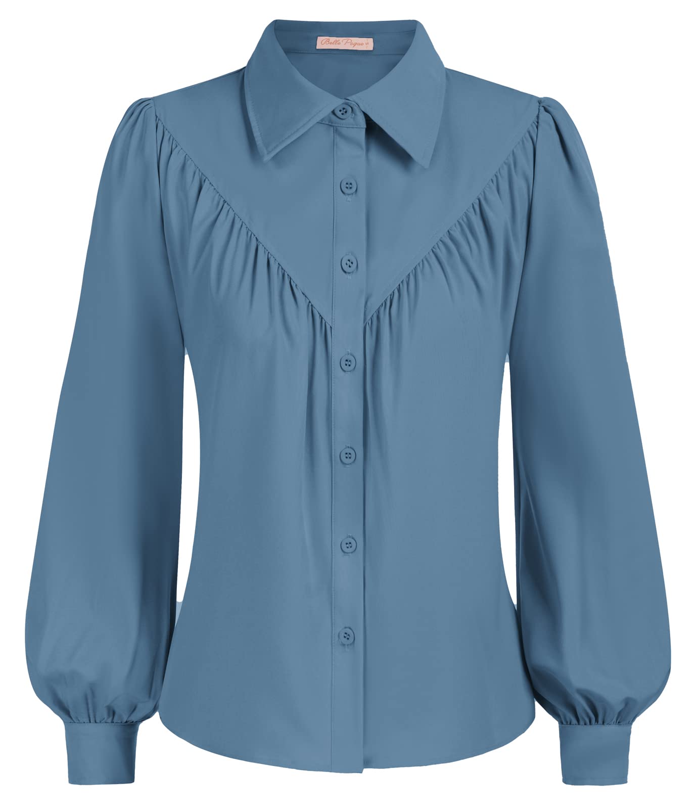 Belle Poque Women's Long Sleeve Button Down Shirt with Pleated Collar - Elegant Lantern Sleeve Blouse for Office Work, Business Casual & Formal Occasions