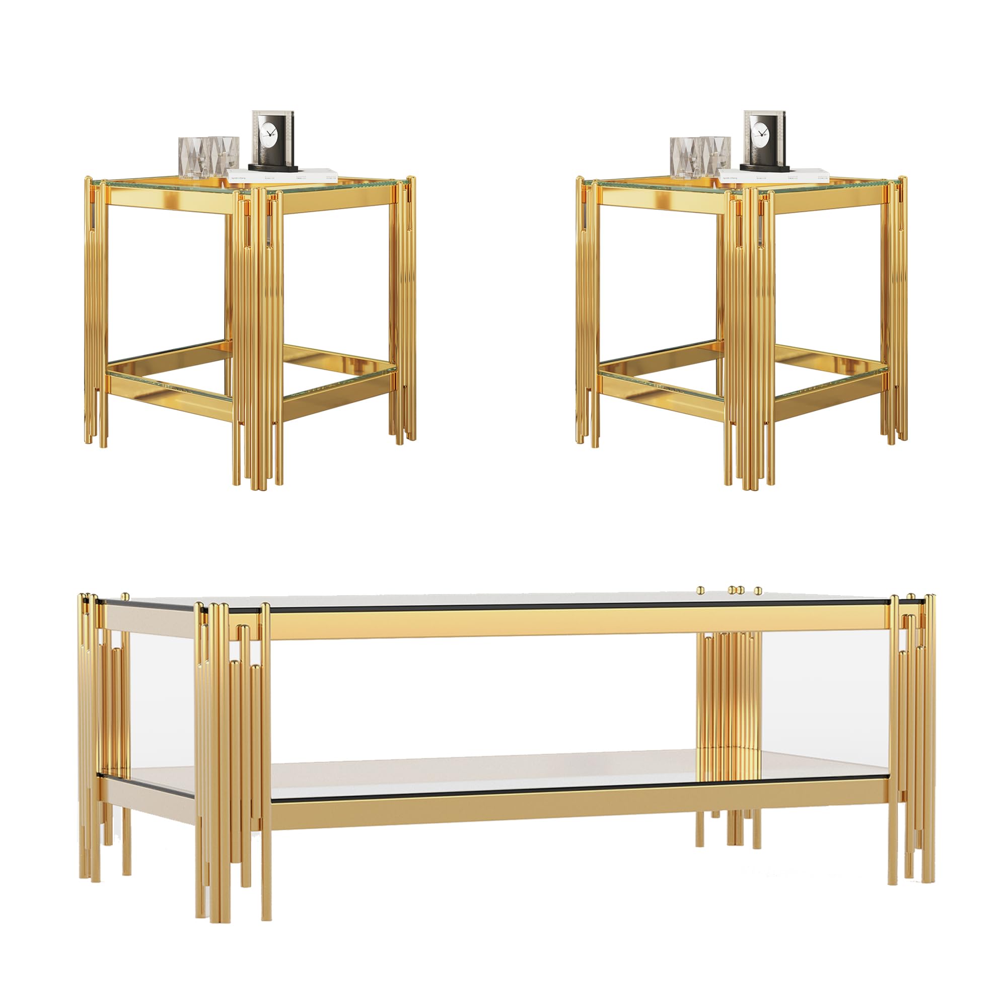 Premium 3-Piece Glass Coffee Table Set - Gold Living Room Table with 2-Tier Design, Stainless Steel Legs & Tempered Glass - Perfect for Modern Living Rooms, Apartments & Lounge Areas