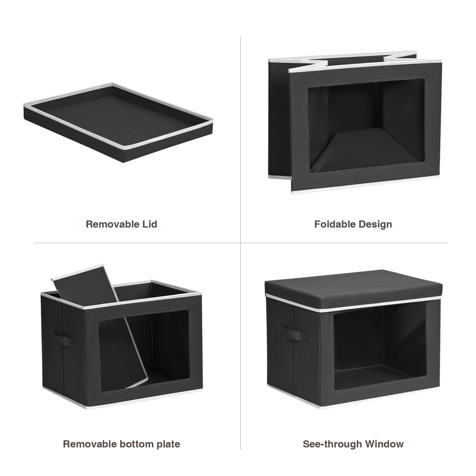 Collapsible Storage Bins with Lids & Handles - 3 Pack Fabric Closet Organizers with See-Through Window for Clothes, Towels, Books - Perfect for Bedroom, Closet, Nursery & Office Organization (Black)