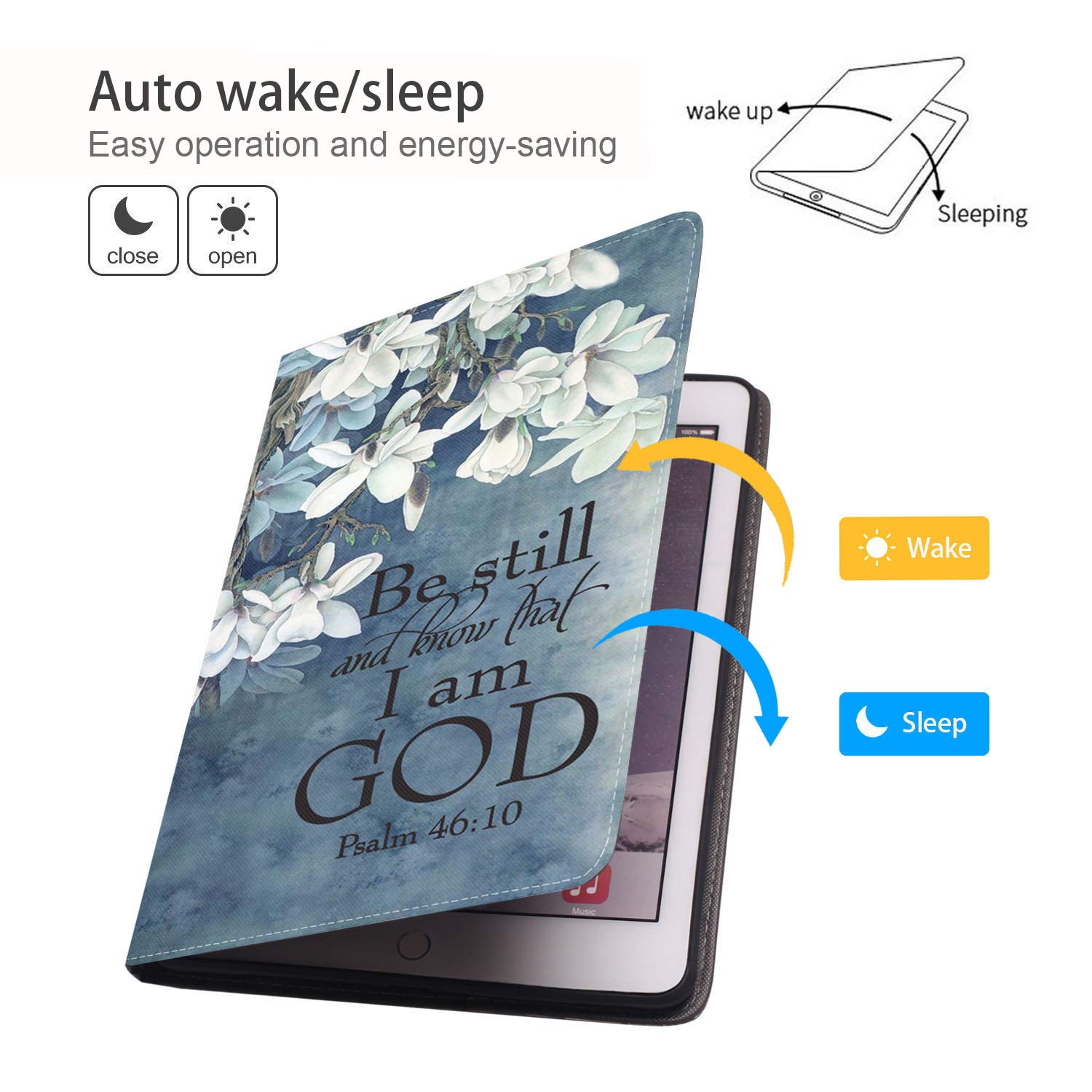 Premium PU Leather iPad Case for iPad 9.7 (2018/2017), iPad Air & Air 2 - 6th/5th Gen Folio Cover with Auto Wake/Sleep & Bible Verse Design (Psalm 46:10) - Perfect for Work, Study & Travel Protection