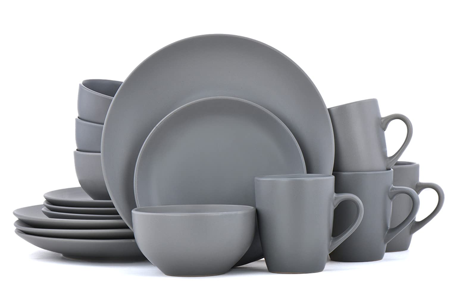 Famiware 16-Piece Dinnerware Set for 4 - Gray Matte Porcelain Plates & Bowls - Modern Stoneware Dishes for Everyday Dining, Family Meals & Entertaining Guests