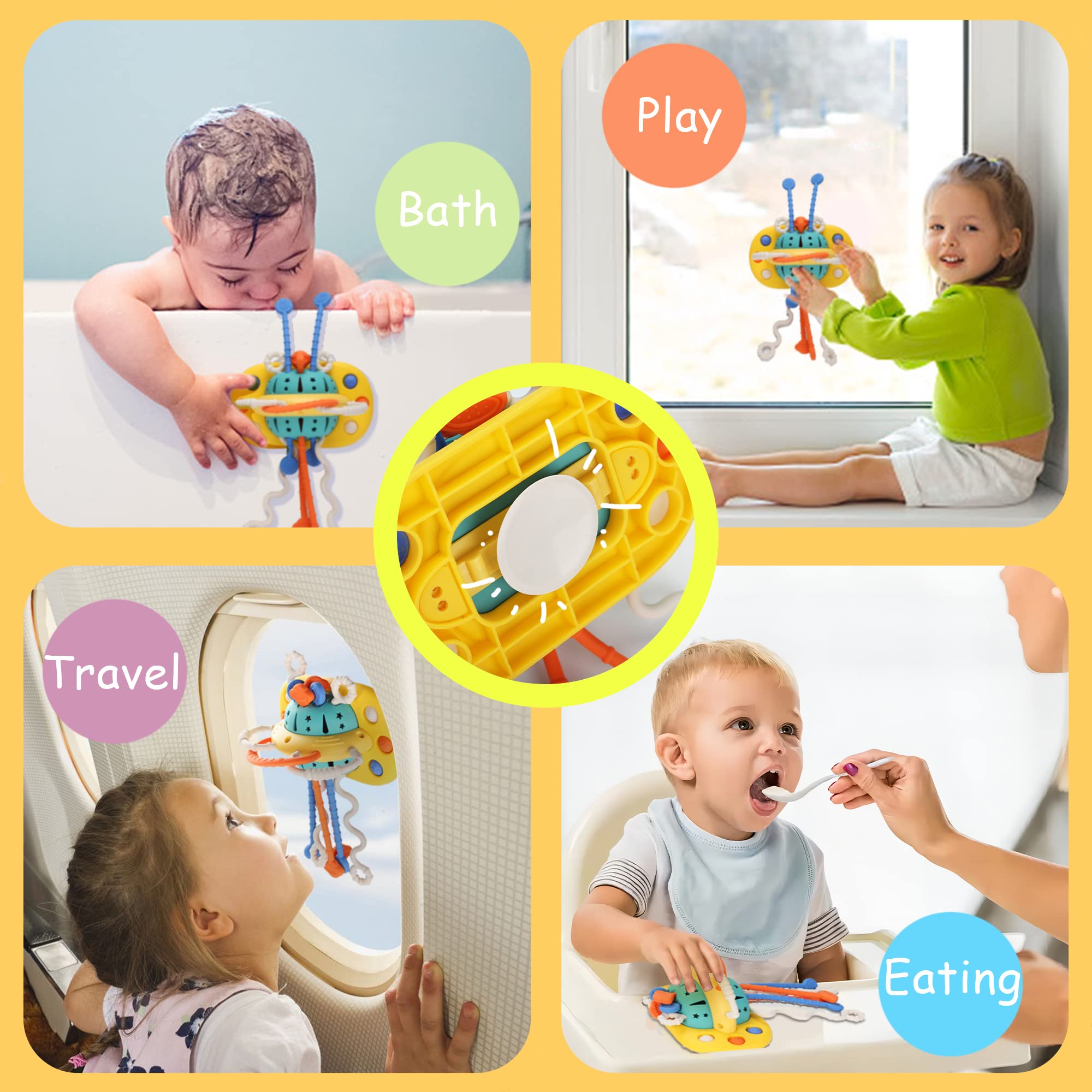 Montessori Silicone Pull String Toys for Babies 6-18 Months - High Chair Sensory Toys with Suction Cup, Fine Motor Skill Development Activity for Toddlers Boys & Girls - Perfect Travel Toy & 1st Birthday Gift for 1 Year Old (Ideal for Car Seats, Strollers & Airplane Travel)