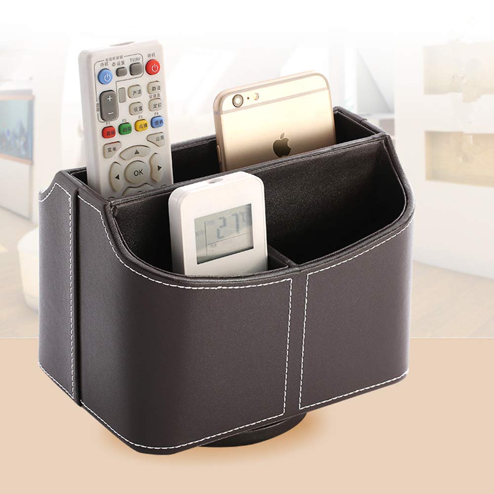 360° Rotating PU Leather Remote Control Holder - Desk Organizer for TV Remotes, Mail, Pens & Electronics | Compact Storage Box for Living Room, Office & Bedroom (Brown)
