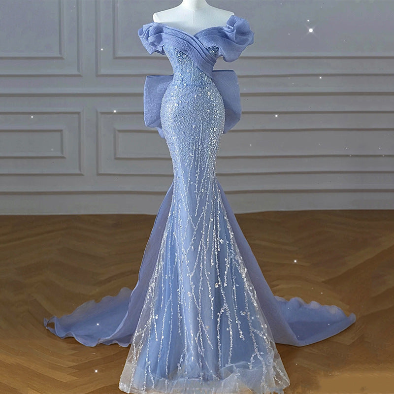 Elegant Blue Beaded Mermaid Prom Dress with Off-Shoulder Sparkly Design - Perfect for Evening Gala, Homecoming, and Formal Events