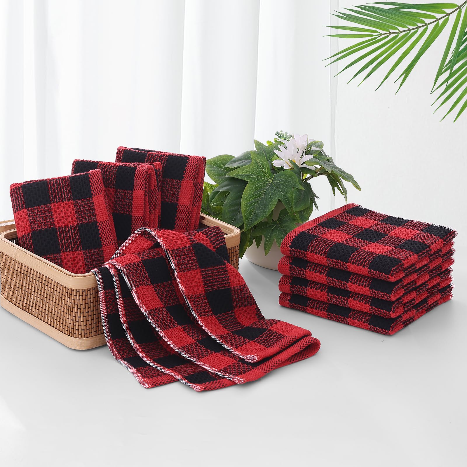 Premium Buffalo Plaid Cotton Kitchen Towels Set - 8 Pack Absorbent Waffle Weave Dishcloths (12