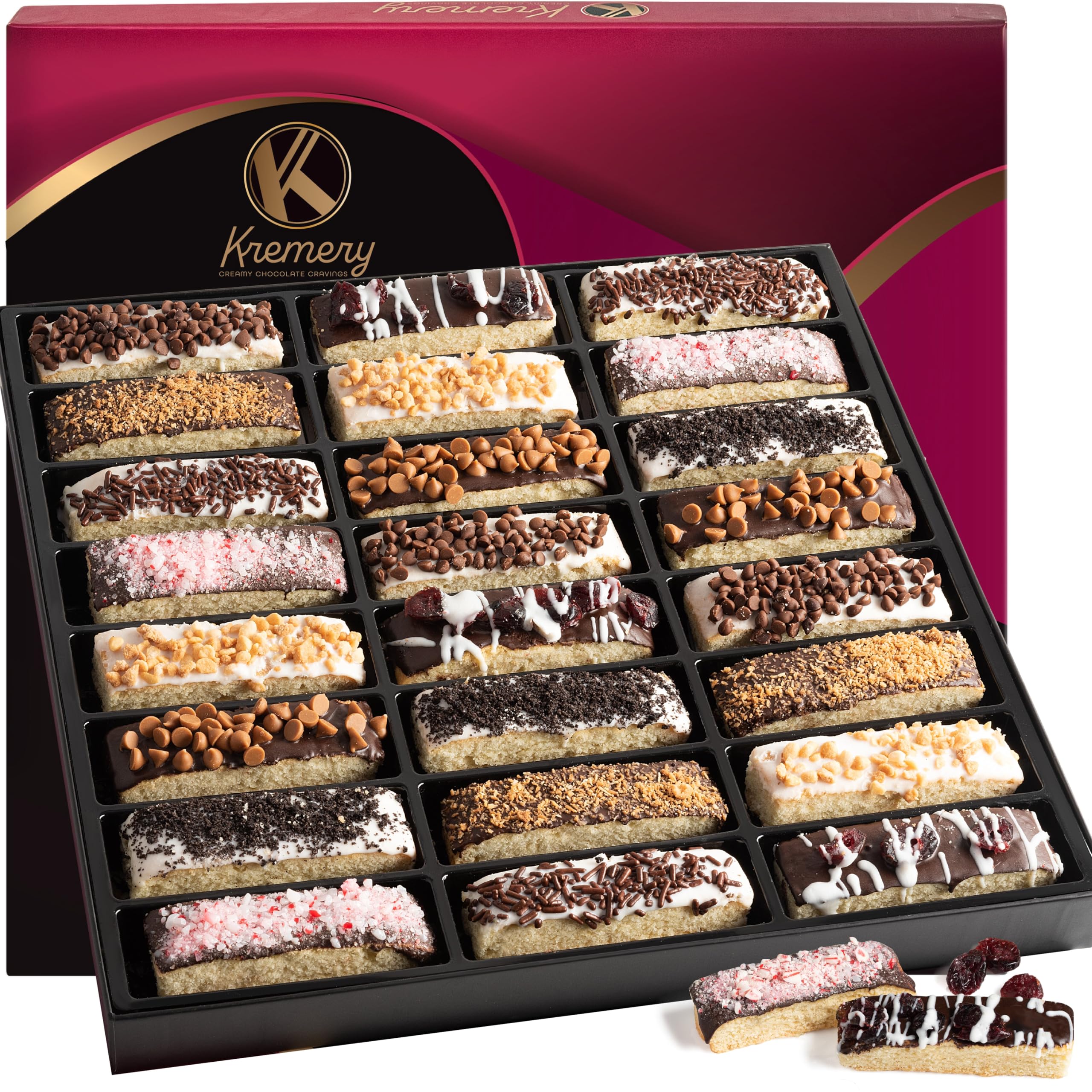 KREMERY Creamy Chocolate Covered Biscotti Cookies Gift Basket - 24 Assorted Sweet Toppings in Elegant Gift Box | Kosher Parve Easter Treats | Perfect for Holiday Gifting, Office Parties & Sweet Indulgence | Made in USA