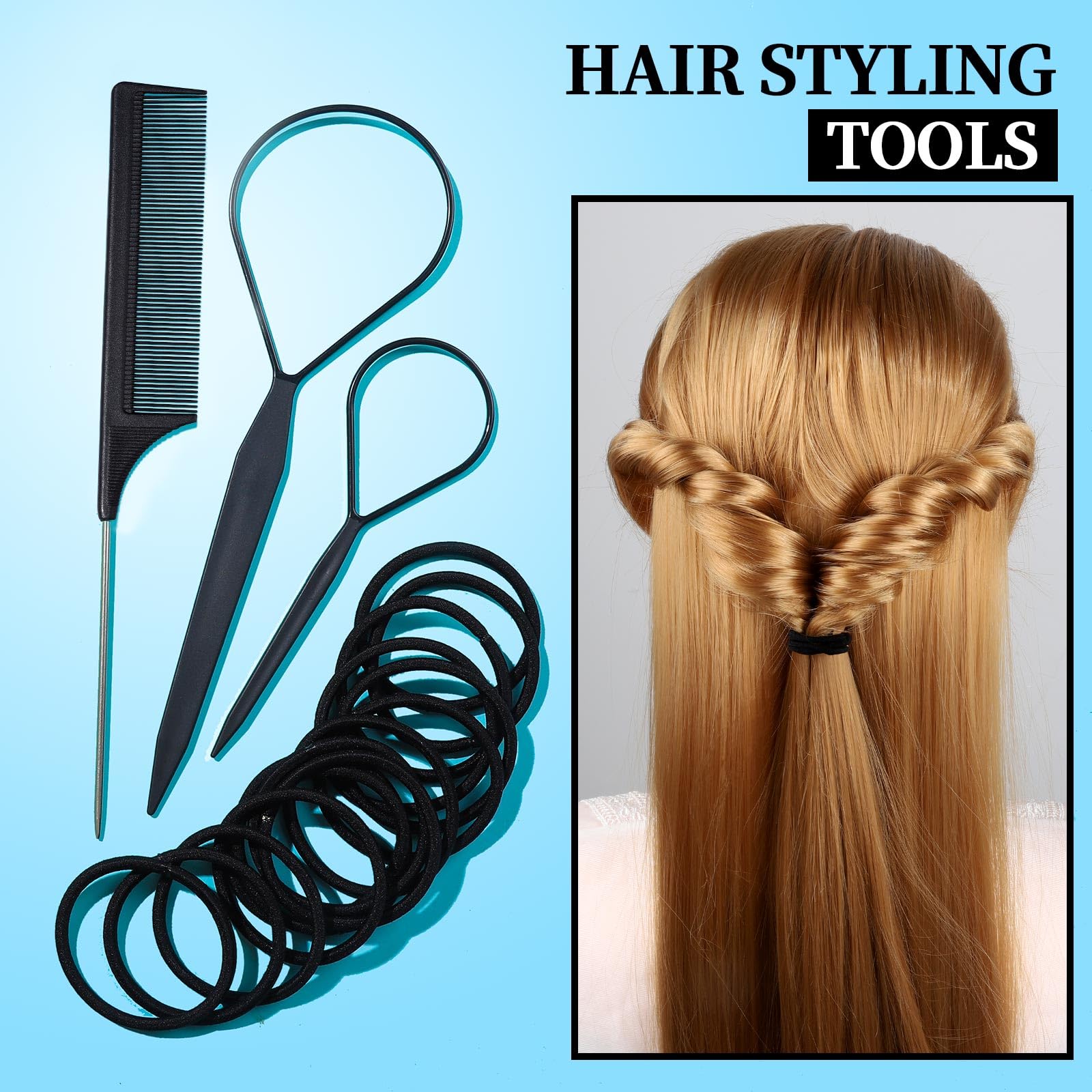 FANDAMEI Hair Accessories Kit for Women - 50 Pcs Elastic Hair Ties, Cotton Headbands, Rubber Bands, Bobby Pins & Rat Tail Comb - Perfect for School, Work, Gym and Everyday Styling