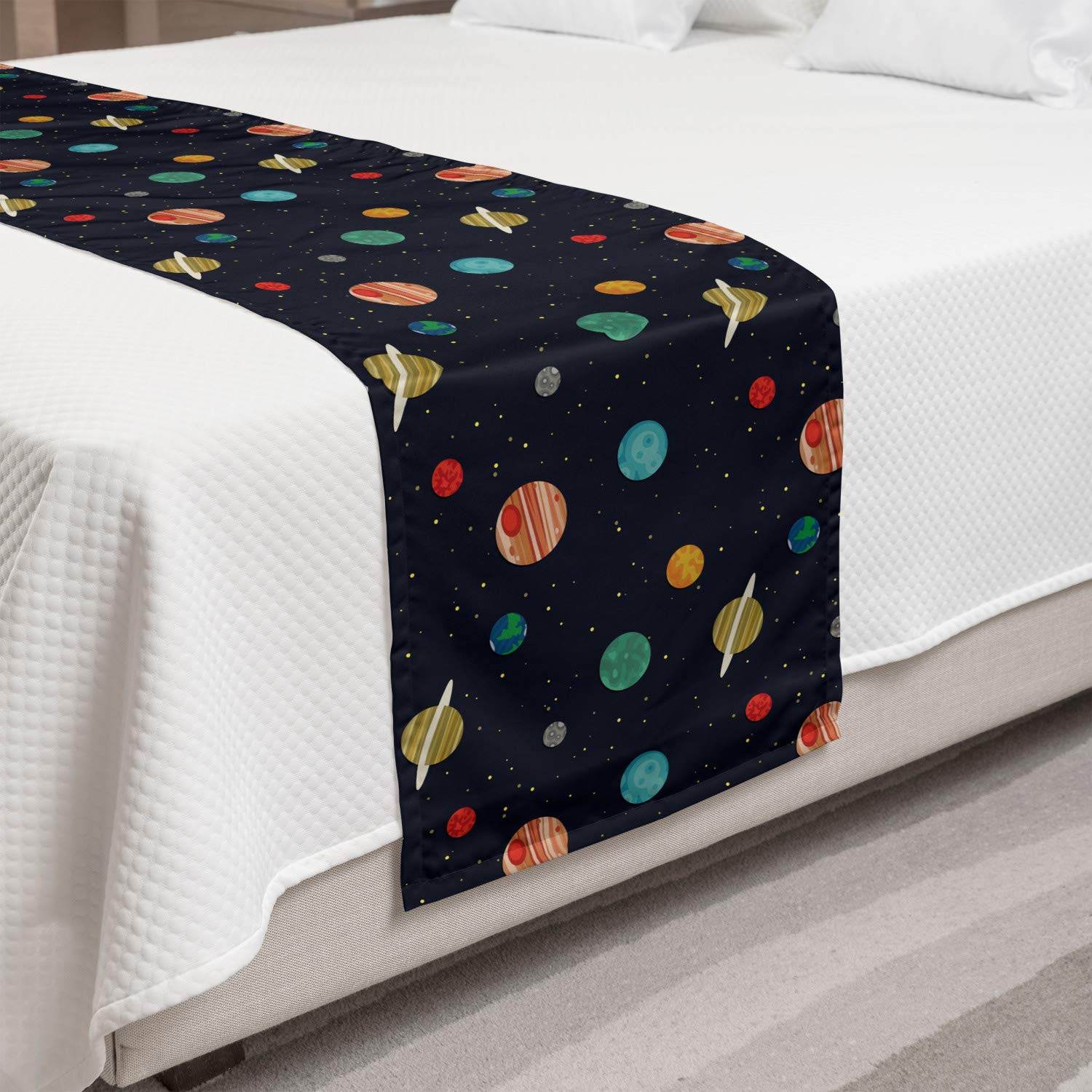 Ambesonne Galaxy Bed Runner - Cartoon Planets & Stars Design, Decorative Bed Scarf for Home, Hotel & Guest Room Decor - Multicolor Space Themed Bedding Accessory | Perfect for Kids' Rooms, Themed Bedrooms & Cozy Space Decor