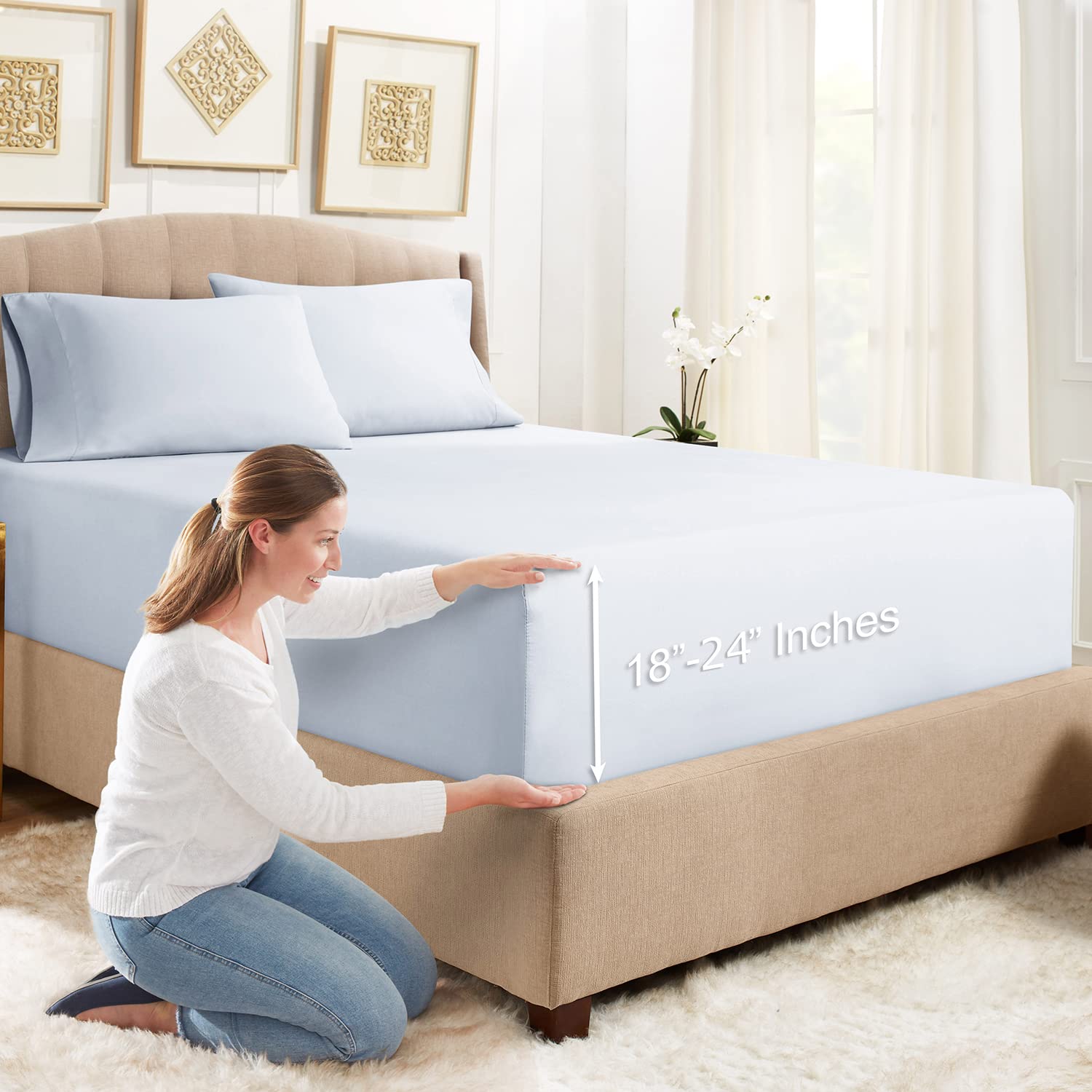 Empyrean Deep Pocket Fitted Sheets Twin Size - Extra Deep 18 Inch Mattress Sheets with Bonus Pillowcase - 2 Piece Bedding Set - Soft Breathable Ice Blue Sheets for Kids, Teens & Guest Rooms - Perfect for Dorm, RV & Bunk Beds