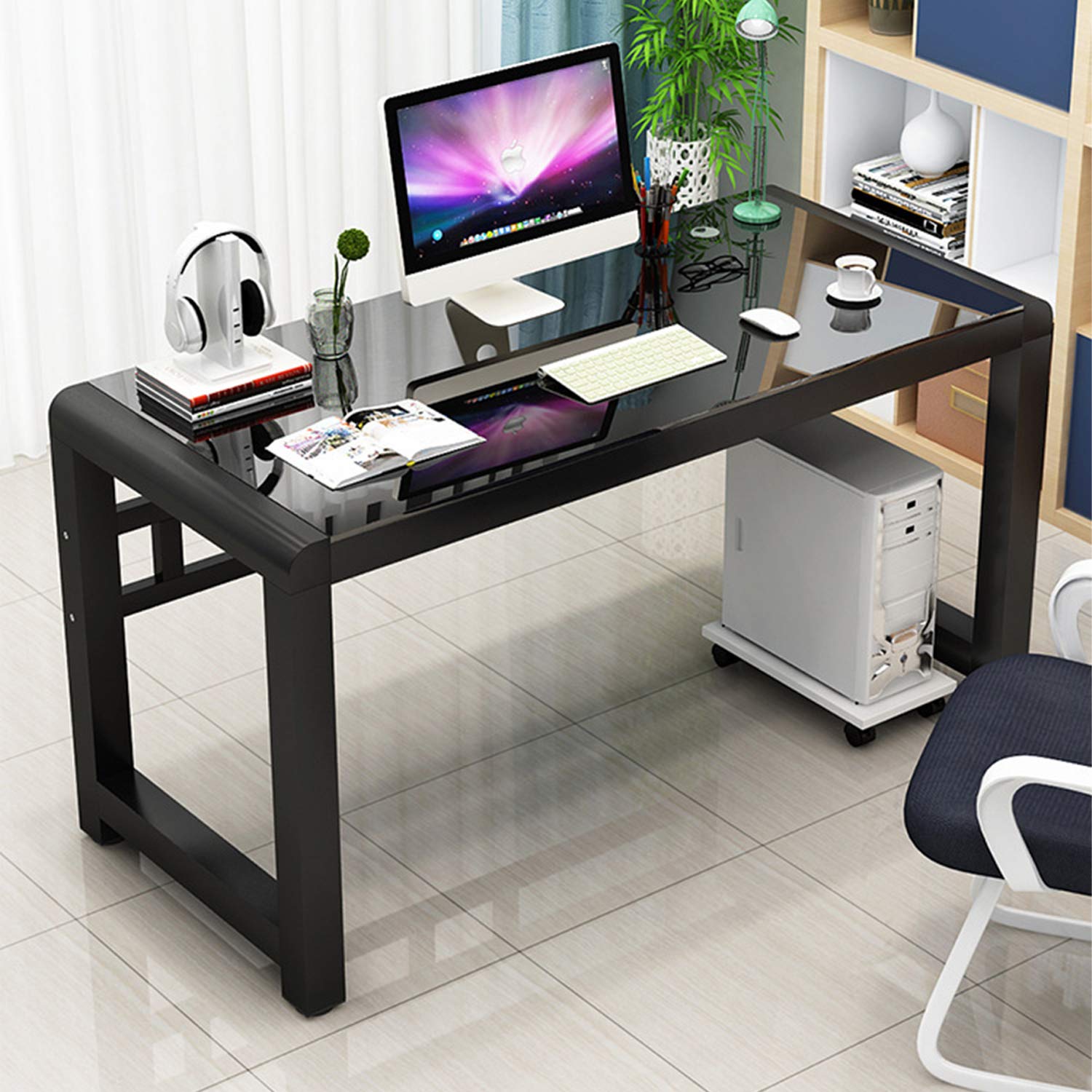 Premium Tempered Glass Computer Desk - Sturdy & Durable Office Desk with USB Ports, Modern Plain Legs for Home Office, Gaming, and Workspace - Black (Jerry & Maggie Brand) | Perfect for Professionals, Students & Remote Workers