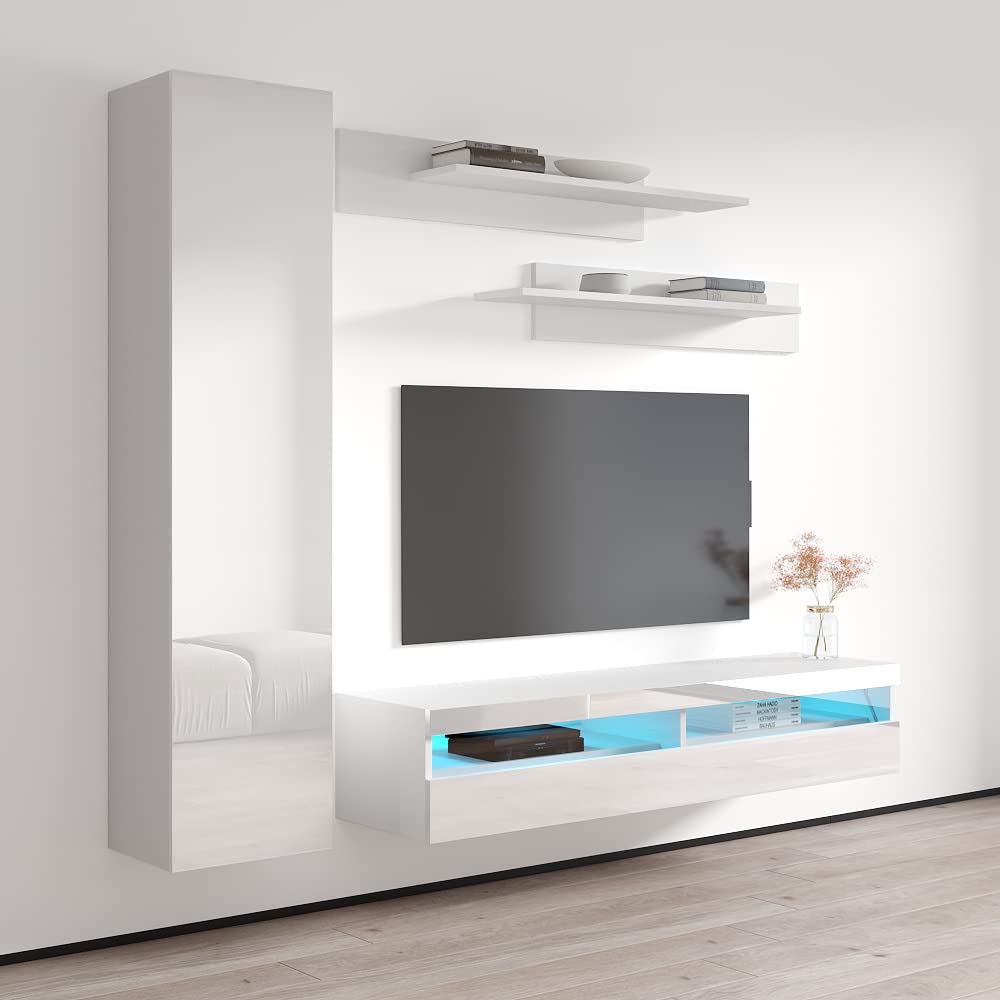 Modern White Wall-Mounted TV Stand with Storage Shelves & LED Lights - Floating Entertainment Center Console for Living Room & Bedroom - Meble Furniture Fly G1 35