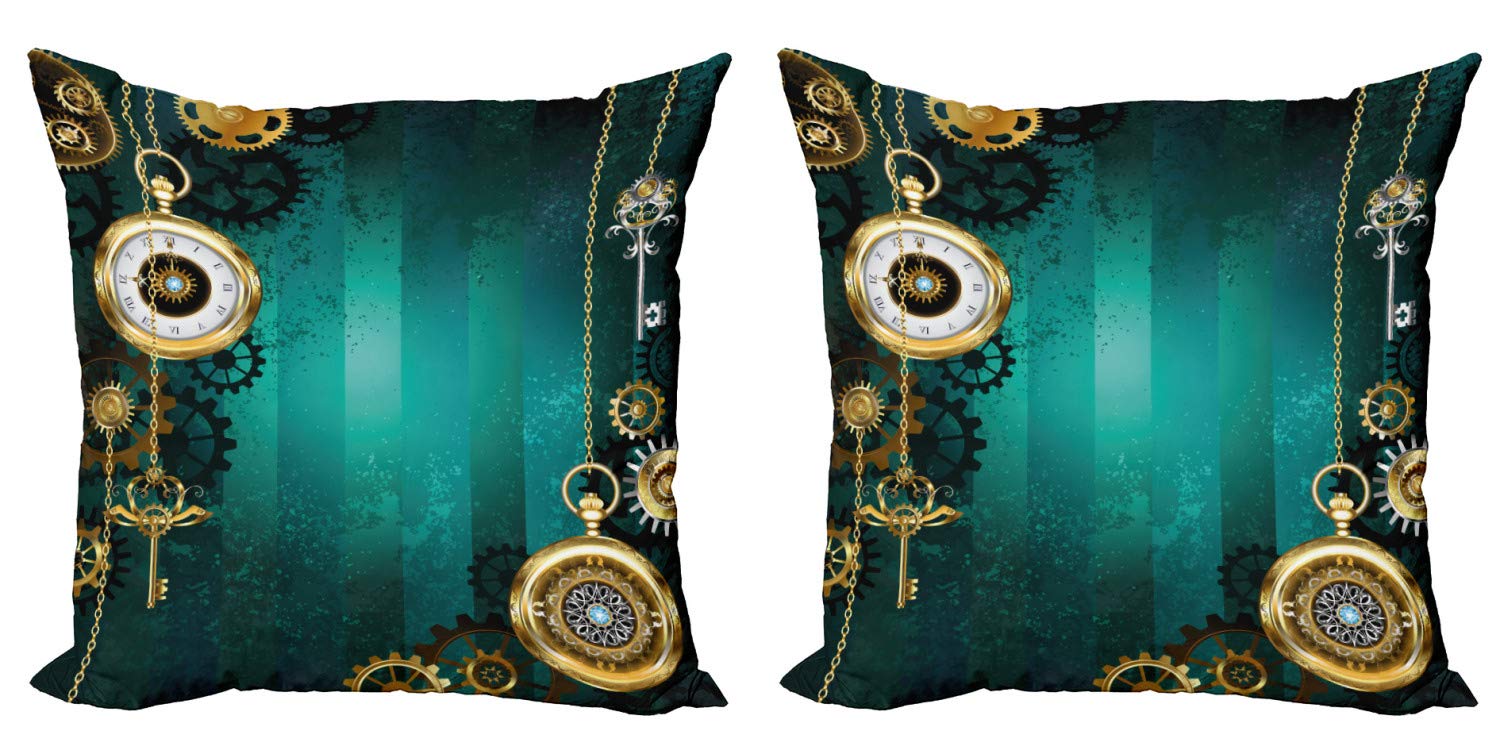 Ambesonne Industrial Decorative Throw Pillow Covers Pack of 2 - Vintage Steampunk Design with Antique Watches, Keys & Chains - 18 Inch Multicolor Cushion Covers for Couch, Bedroom & Living Room - Perfect for Home Decor and Gift Giving