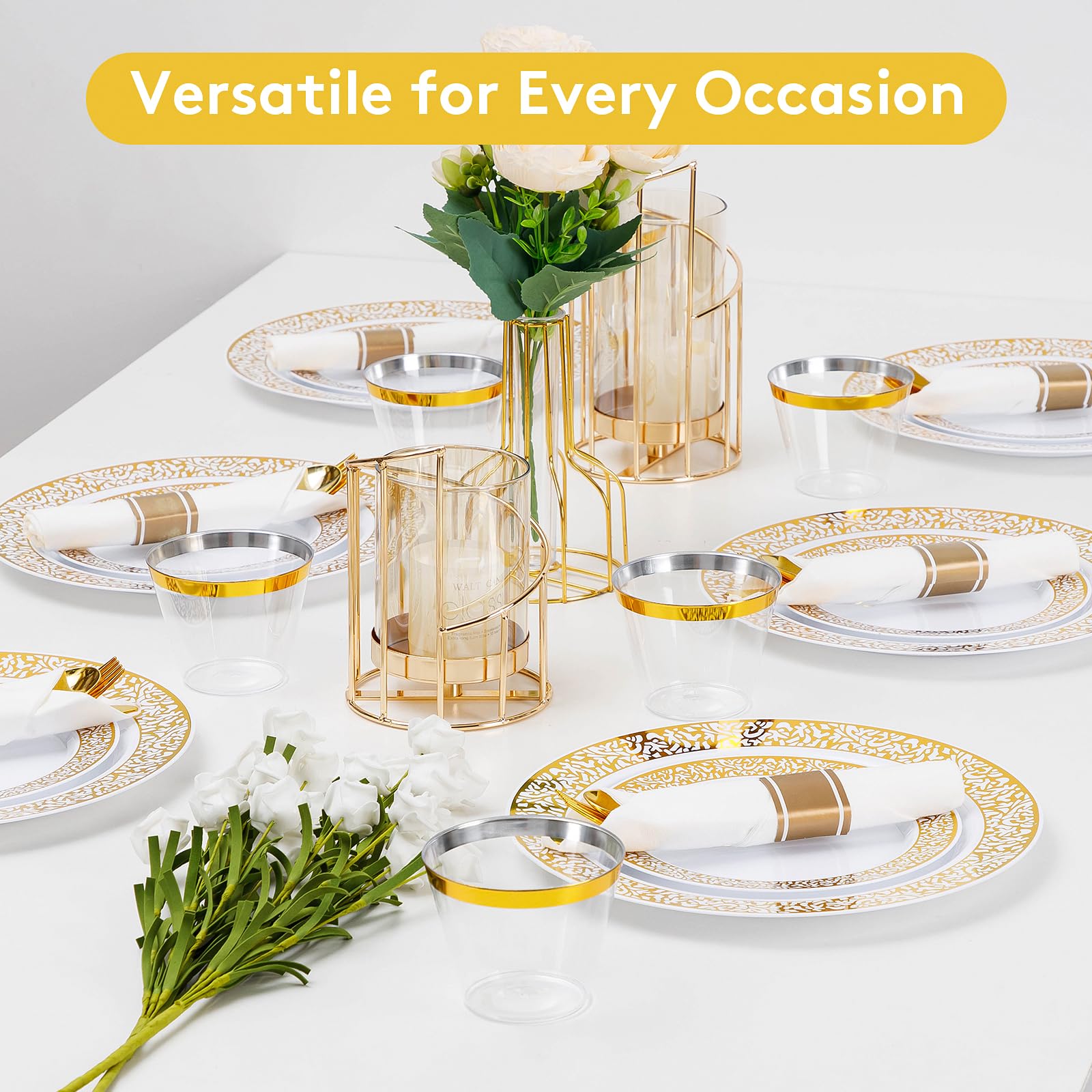 Goodluck 350-Piece Gold Plastic Dinnerware Set for 50 Guests - Disposable Elegant Lace Plates, Dessert Plates, Silverware & Cups - Perfect for Thanksgiving, Weddings, Parties & Special Events