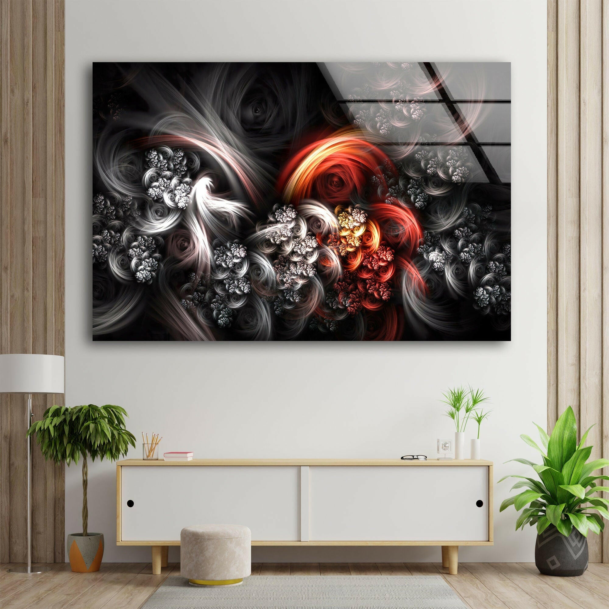 Modern Black and Red Fractal Glass Wall Art - Handmade Abstract Home Decor for Living Room, Bedroom & Office - Unique Contemporary Wall Hanging for Interior Design