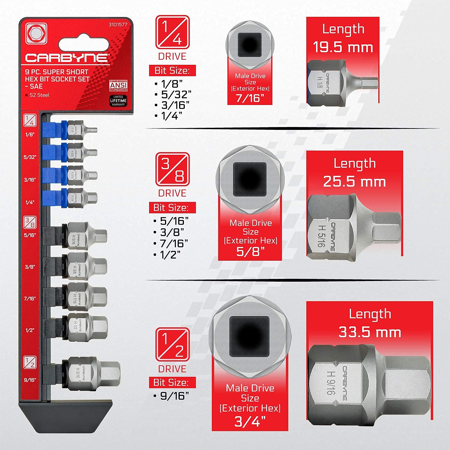 CARBYNE 2 Super Short Bit Socket Set - 9-Piece SAE Hex & 9-Piece Metric Hex for Tight Spaces & Automotive Repairs