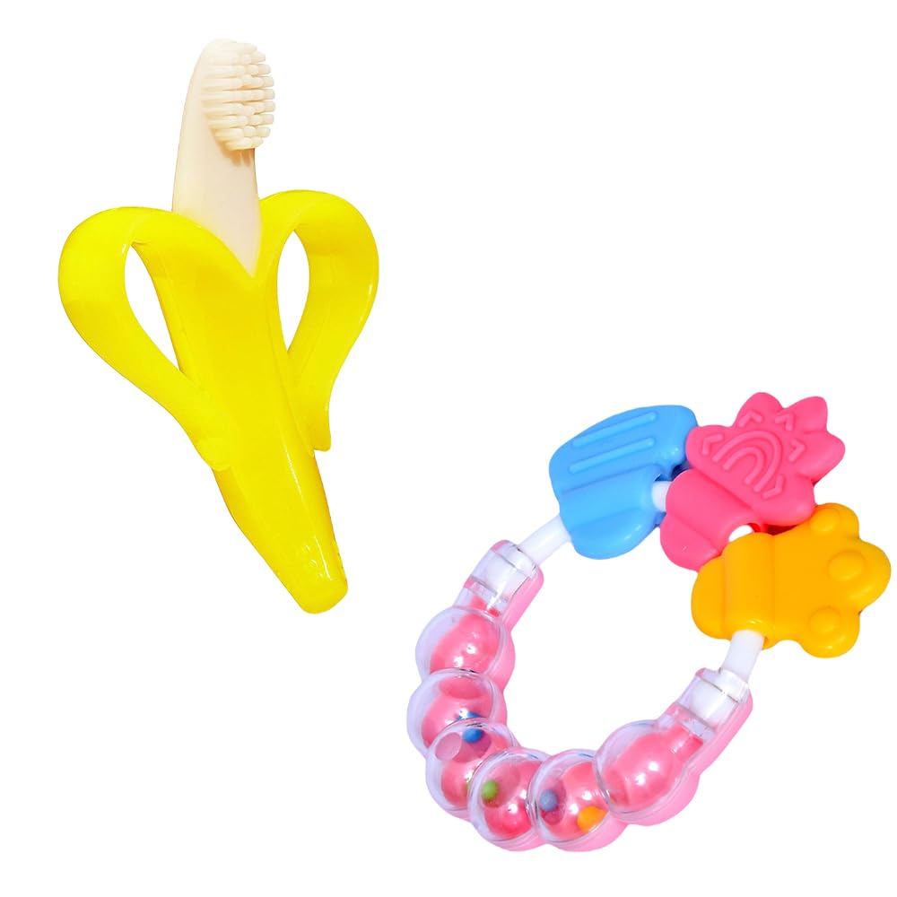Kritiu Banana Shape Baby Brush & Rattle Teether Set - Soft Silicone Teething Toy for Infants | BPA-Free, Non-Toxic & Easy to Clean | Perfect for Soothing Sore Gums & Sensory Play (Yellow & Pink) | Ideal for Home, Travel & Daycare Use