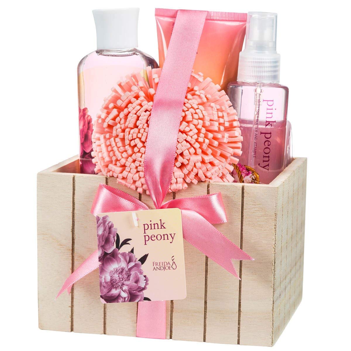 Luxury Pink Peony Bath & Body Gift Set for Women - Natural Wood Box with Body Lotion, Shower Gel, Bubble Bath, Body Spray & Puff | Spa Day Essentials, Bridal Shower Gift, Self Care Pampering Kit