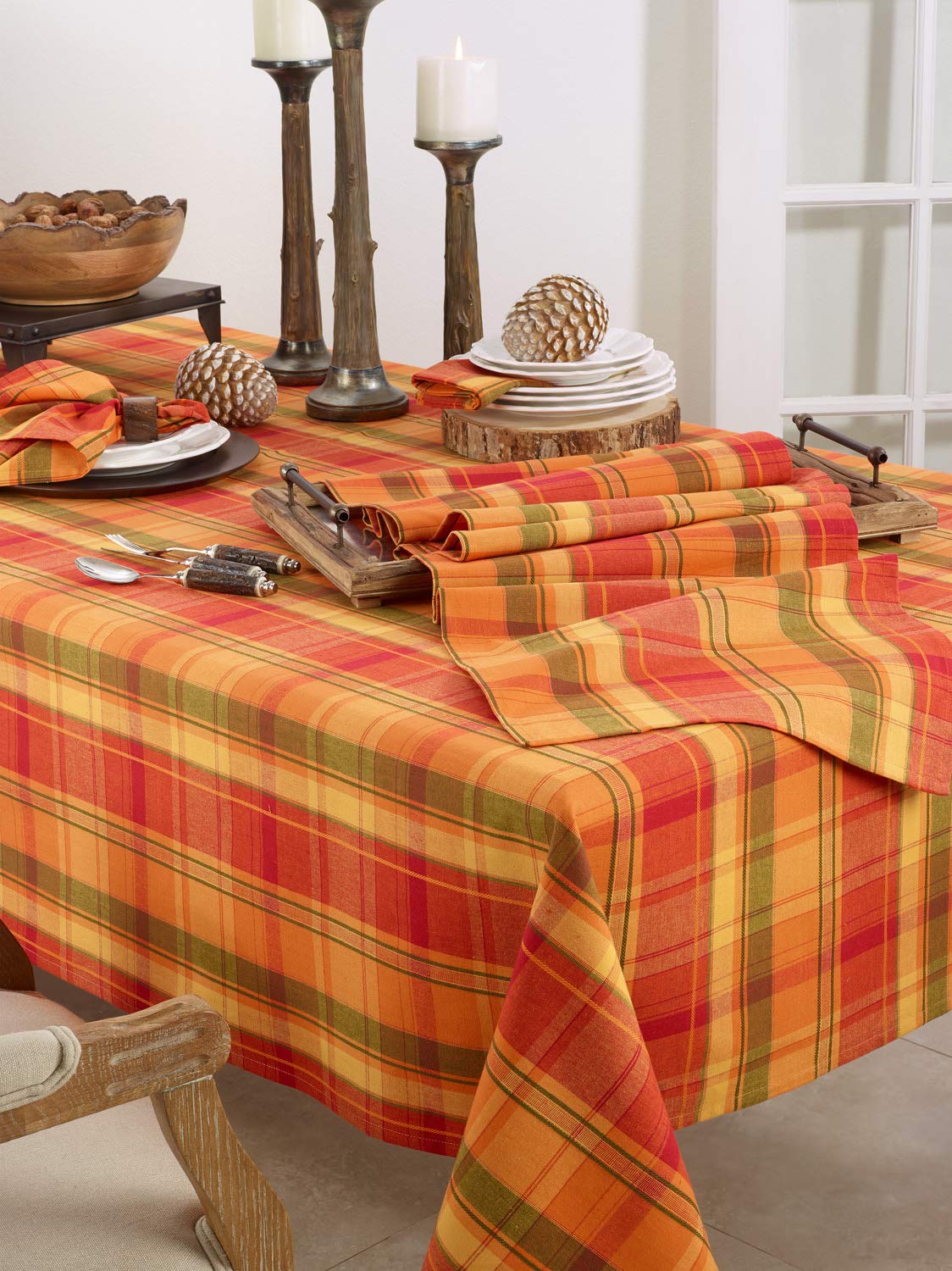 Fennco Styles Harvest Collection Rustic Tartan Design 100% Cotton 65x160 Inch Tablecloth - Terracotta Thanksgiving Table Cover for Holiday Dinner, Family Gathering, Special Events & Home Decor | Perfect for Farmhouse Dining, Christmas Decorations and Cozy Autumn Tablescapes