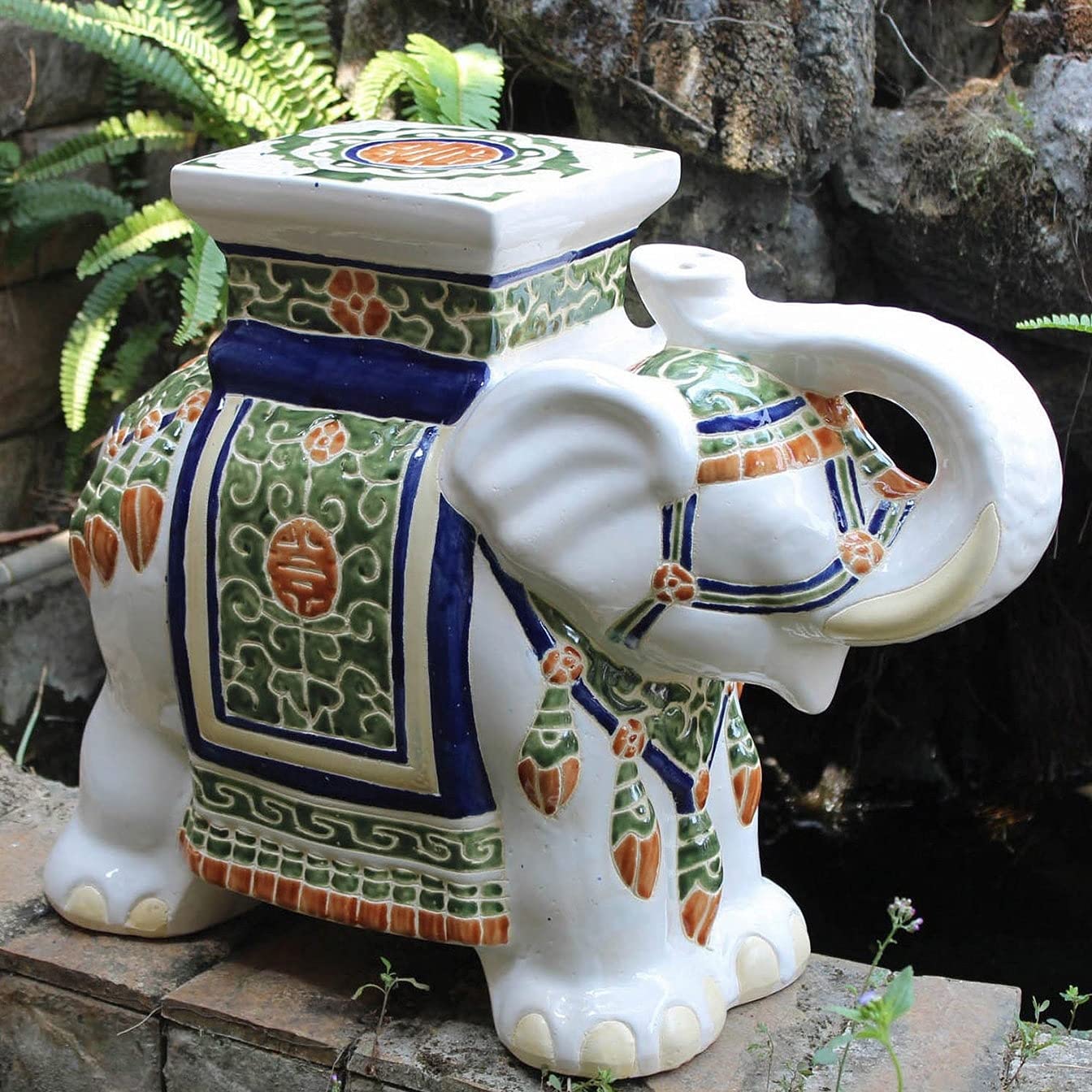 Large Porcelain Elephant Stool - Handcrafted Decorative Furniture Piece for Home & Garden - Perfect for Living Room, Patio, or Boho Decor