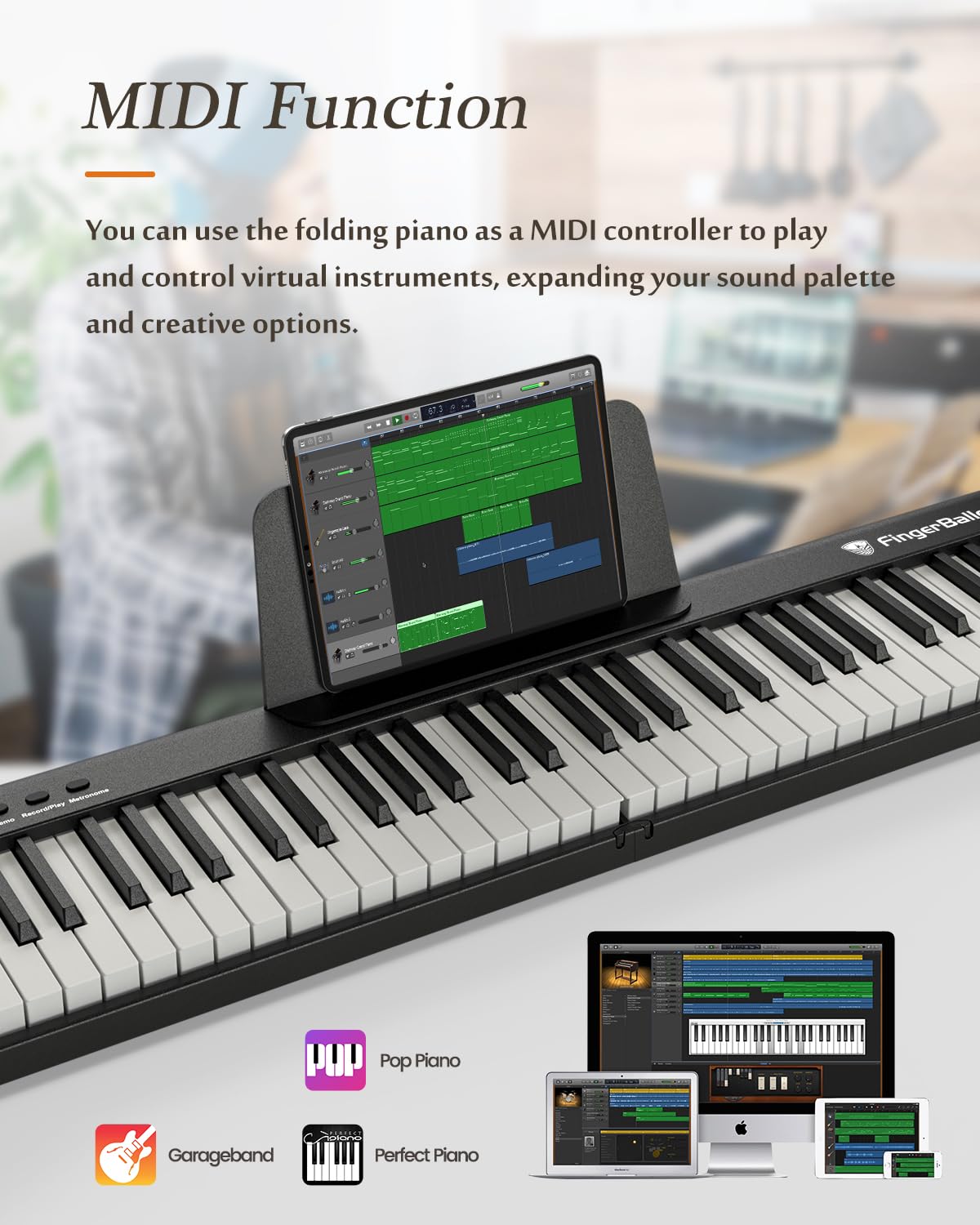 Portable 88-Key Semi-Weighted Folding Digital Piano with Wood Grain Finish - Bluetooth MIDI Electric Keyboard for Adults & Kids | Perfect for Home Practice, Travel & Music Lessons