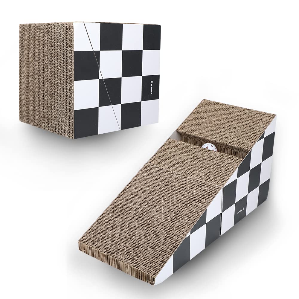 Premium Cat Scratching Board with Ball - 2-in-1 Triangle Scratching Lounge Bed for Kittens & Adult Cats | Multiple Scratching Angles, Durable Recyclable Cardboard | Furniture Protector (Black & White) - Perfect for Living Rooms, Bedrooms & Home Offices