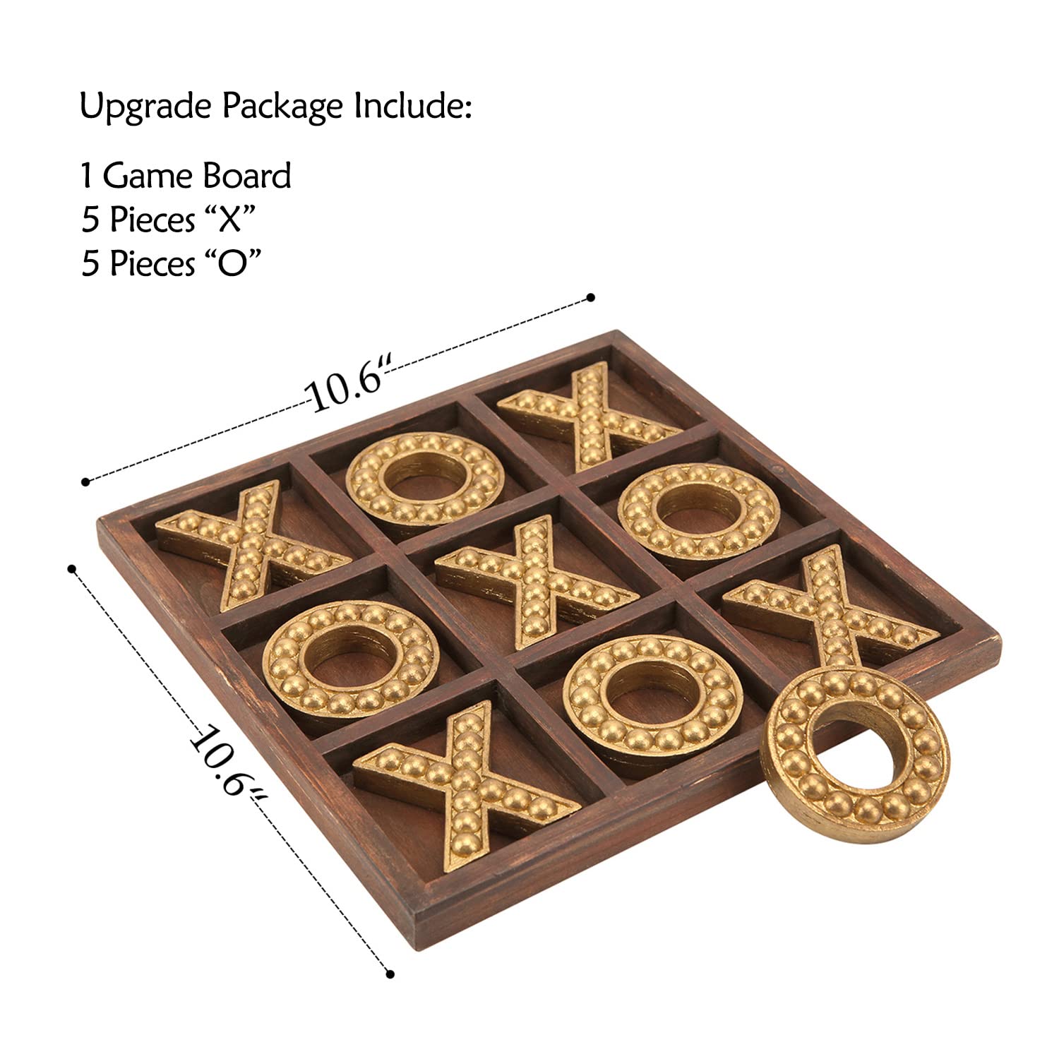 Rustic Wooden Tic Tac Toe Game Board - 10.6 Inch Coffee Table Decor with Gold Accents | Farmhouse Home Decor, Game Night Accessories, Living Room Centerpiece