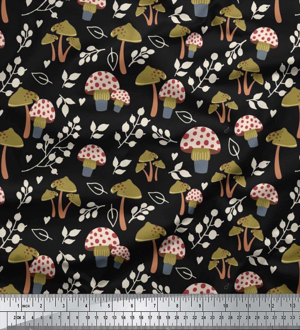 Soimoi 100% Cotton Cambric Fabric - 42 Inch Wide Black Printed Fabric with Leaves & Mushroom Botanical Tapestry Design - Perfect for DIY Crafts, Home Decor, Quilting, and Sewing Projects