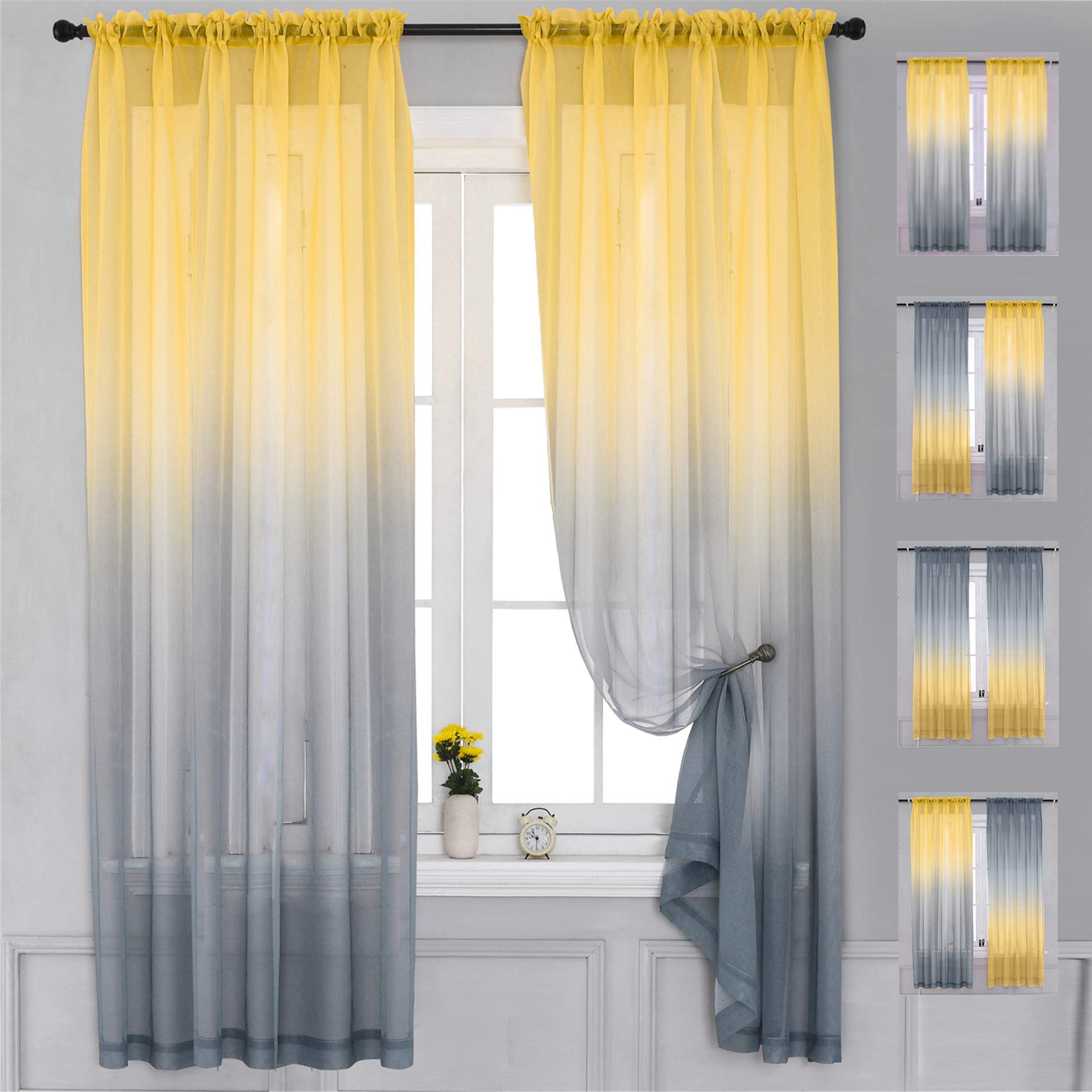 Yancorp 2 Panel Sheer Linen Curtains 72 Inch Length - Yellow Grey Ombre Rod Pocket Drapes for Bedroom, Living Room, Nursery & Kids Room Window Decor (40