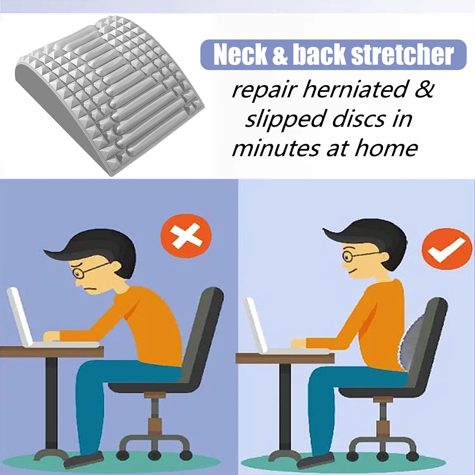 Premium Back Stretcher for Pain Relief - Adjustable Lumbar Support for Neck, Lower Back Pain, Herniated Disc, Sciatica & Scoliosis | Ergonomic Spine Board for Home & Office Use (Grey)