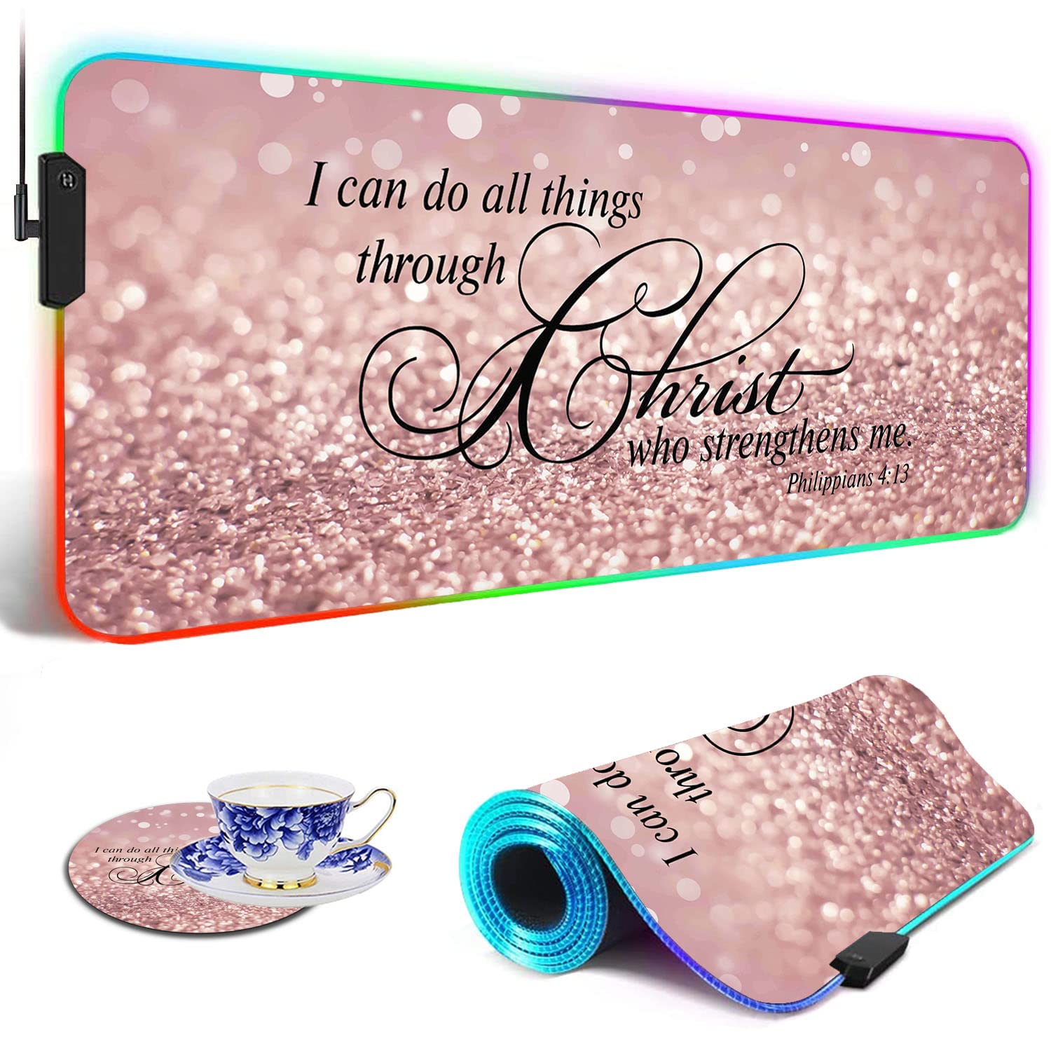 RGB Gaming Mouse Pad with LED Lights - Large Non-Slip Waterproof Desk Mat for Keyboard & Mouse | Pink Glitter Design with Philippians 4:13 Bible Verse | Perfect for PC Gaming, Office Work & Home Computer Setup