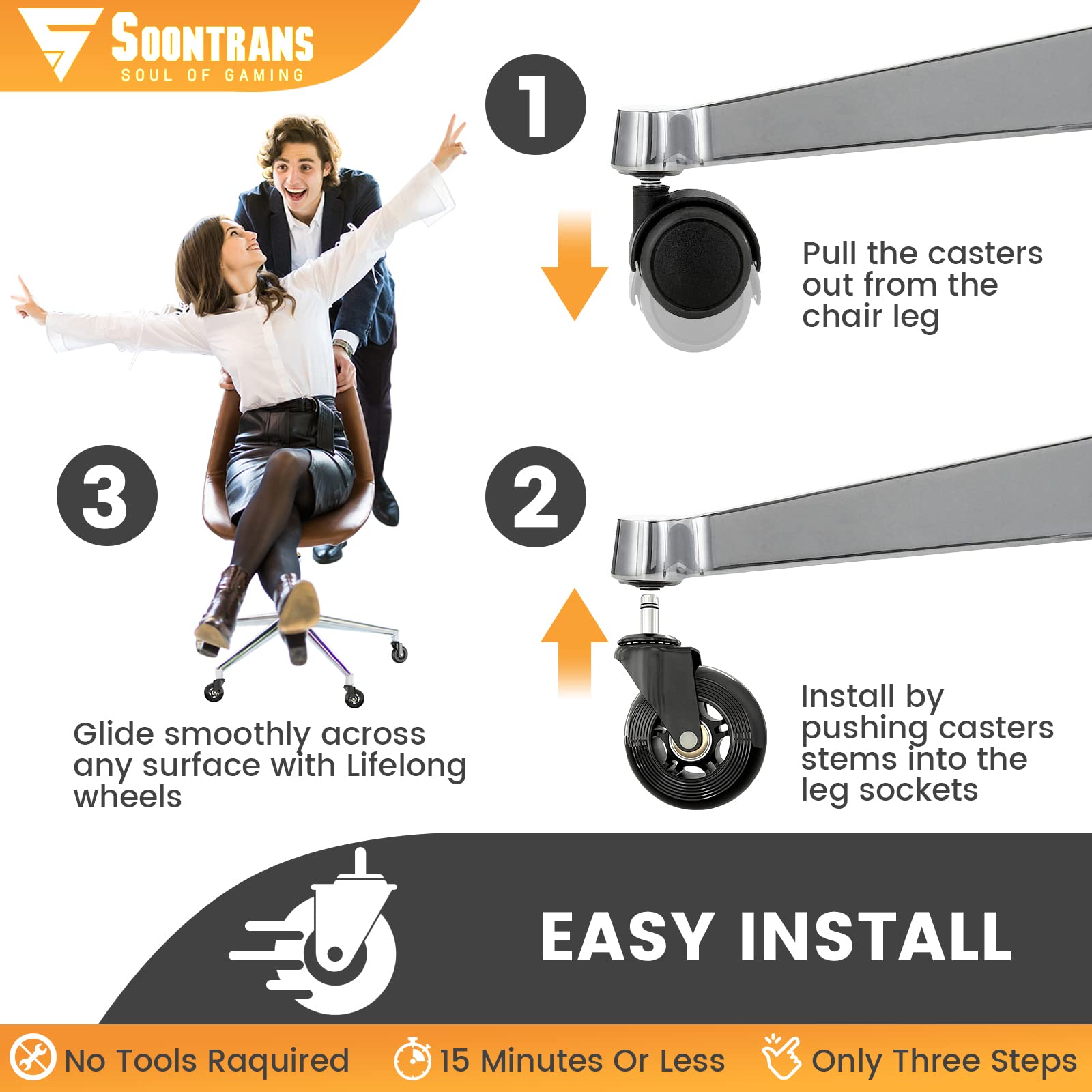 Soontrans 5-Pack Heavy Duty Rollerblade Caster Wheels for Office & Gaming Chairs - Universal Replacement Wheels for Carpet & Hardwood Floors - Ergonomic Computer Chair Accessories for Home & Office Workspaces
