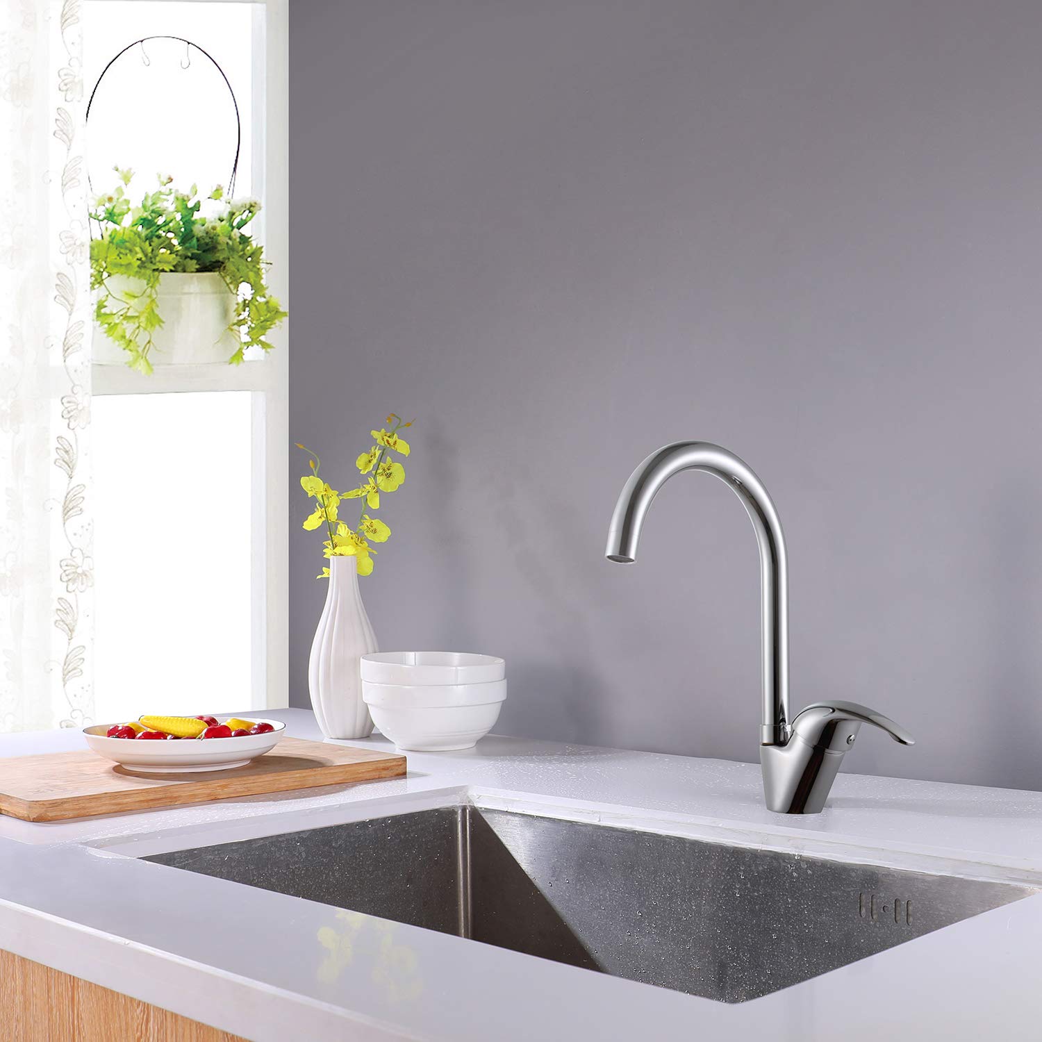 **Commercial Kitchen Faucet - Hot & Cold Water Mixer Tap, Single Handle Deck Mount Swivel Sink Faucet, D6074-1 - Perfect for Restaurants, Cafes & Home Kitchens**