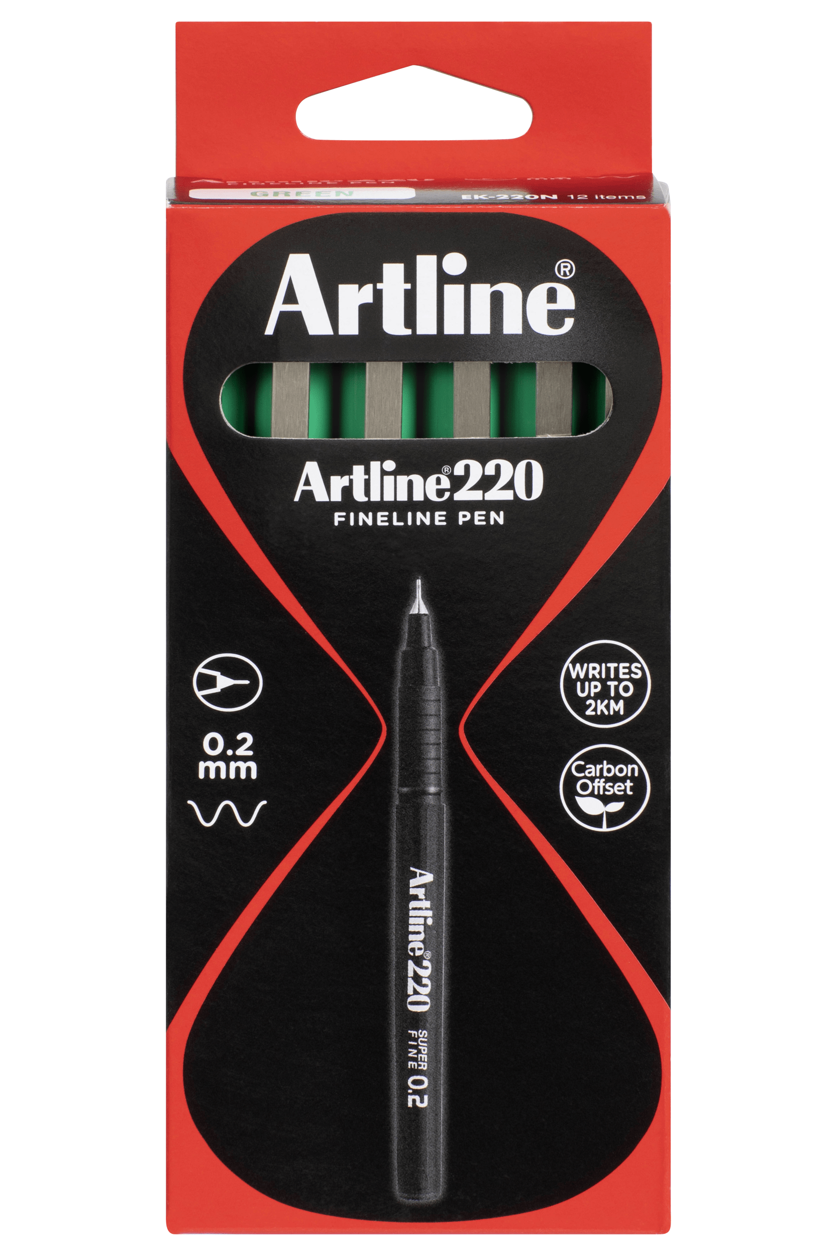 Artline 220 Fineliner Pen Set - 0.2mm Ultra Fine Tip Green Marker Pens (12 Pack) for Sketching, Note Taking & Bullet Journaling