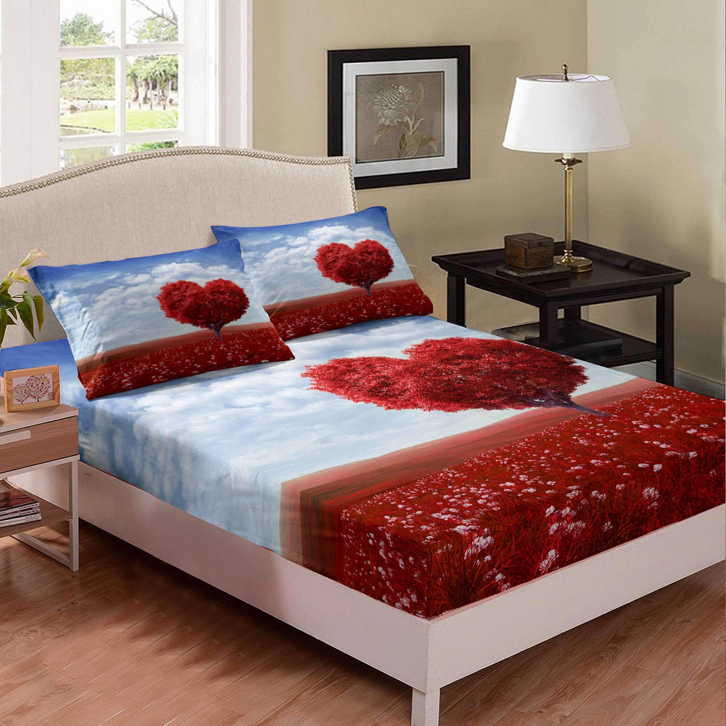 Queen Size Microfiber Bedding Set - Ultra Soft Fitted Sheet with 2 Pillowcases, Maple Leaf & Red Grass Romantic Design, Deep Pocket Elastic for Secure Fit | Perfect for Master Bedroom, Guest Room & Cozy Home Decor
