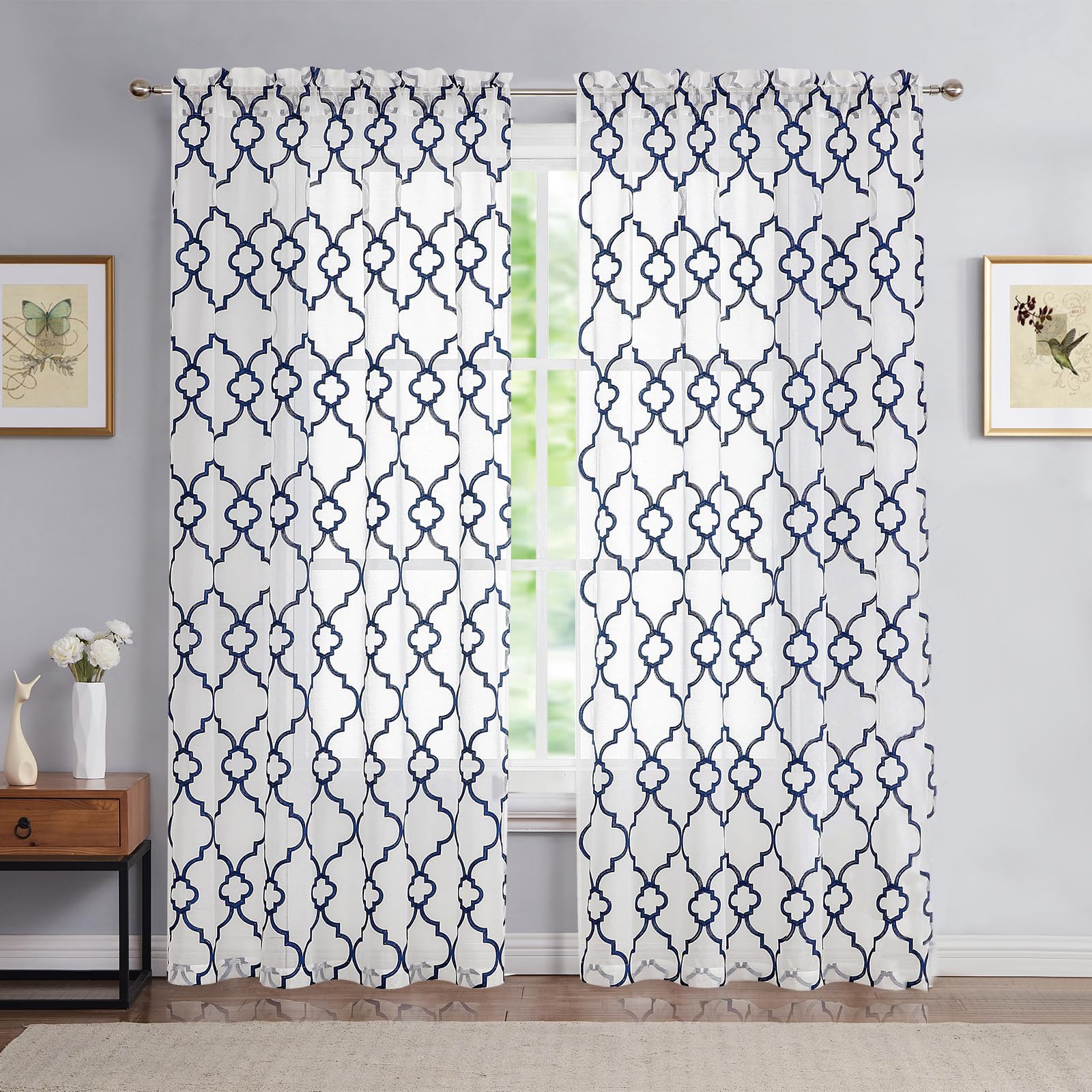 84 Inch Navy Blue Moroccan Geometric Lattice Embroidered Sheer Curtains - Light Filtering Linen Textured Window Drapes with Rod Pocket (52