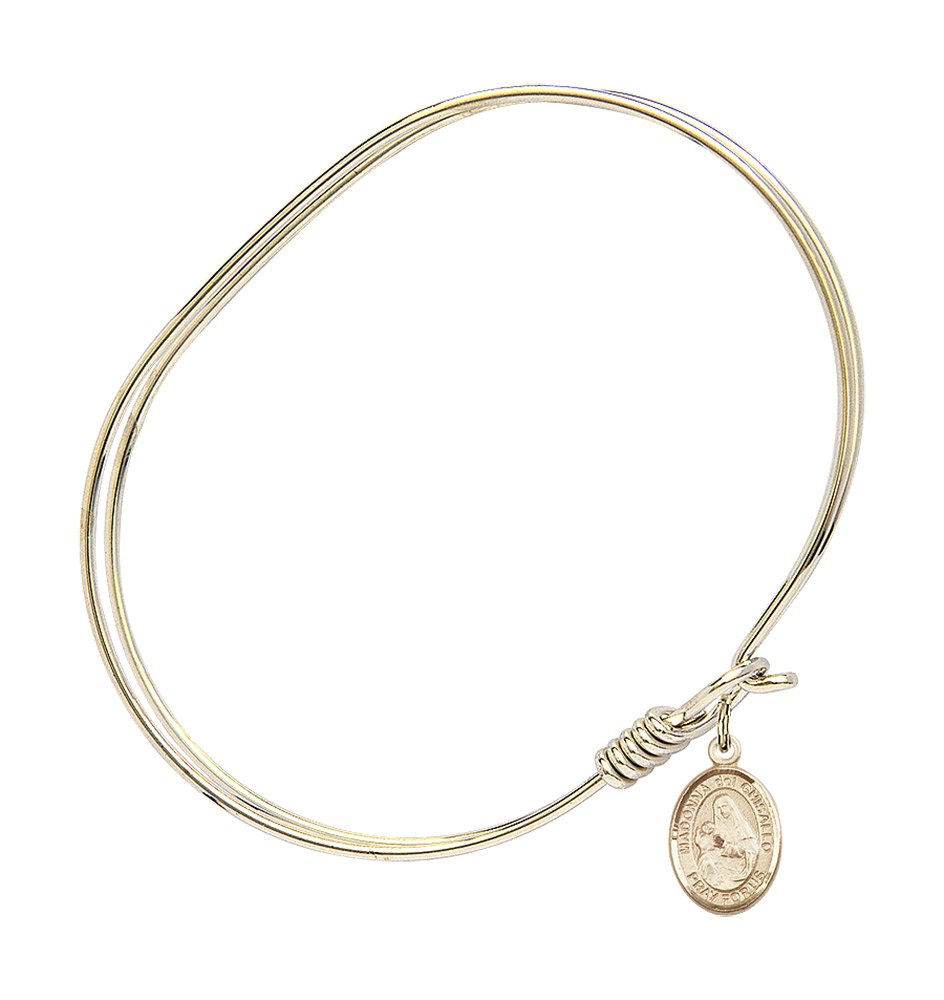 Gold-Filled Oval Eye Hook Bangle Bracelet with St. Madonna Del Ghisallo Charm - Elegant Religious Jewelry for Women, Perfect for Church, Weddings & Everyday Wear