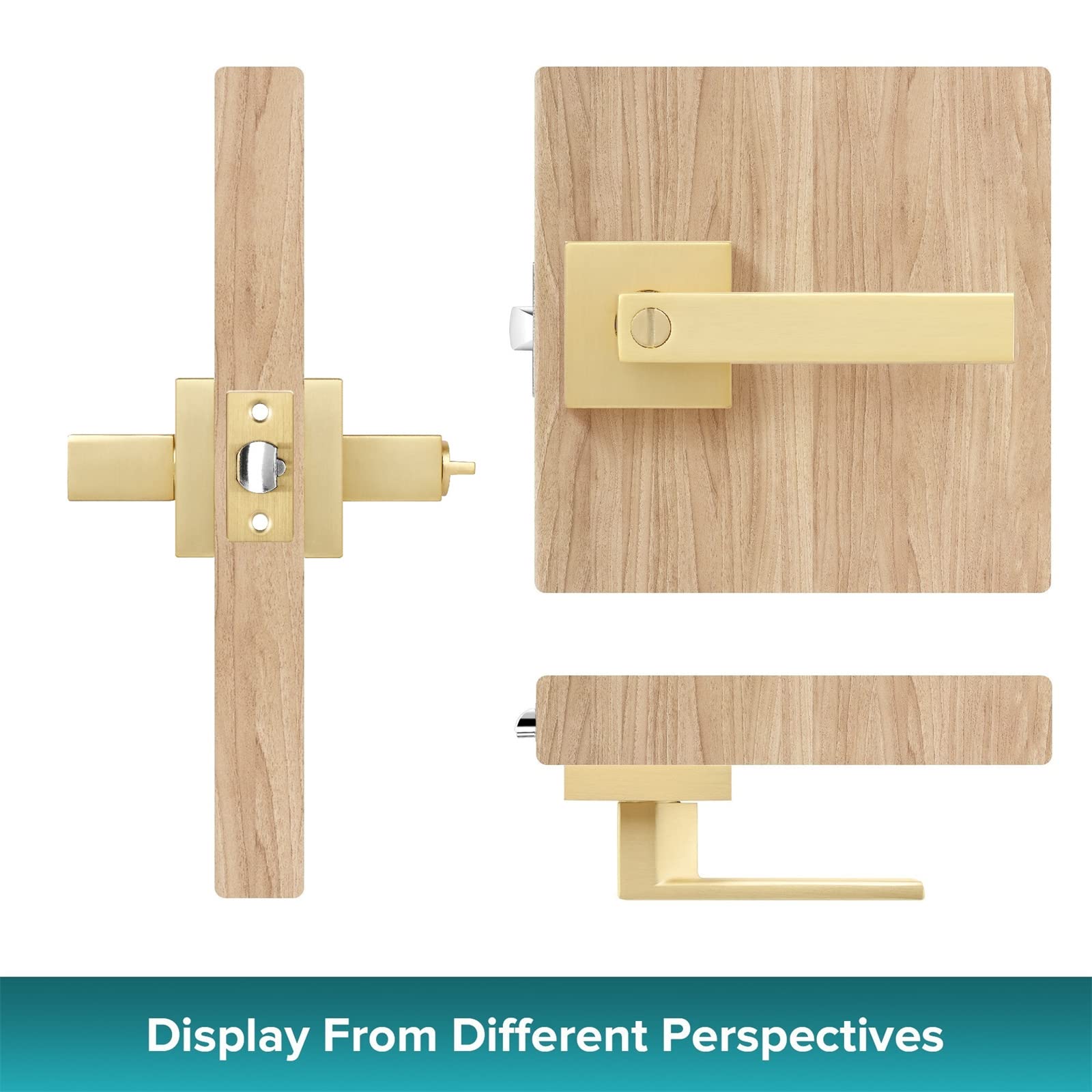 4 Pack Heavy Duty Square Privacy Door Locks - Gold Bathroom/Bedroom Keyless Entry Lever Handle (Left/Right Reversible) - Perfect for Home, Office, Hotel & Commercial Spaces