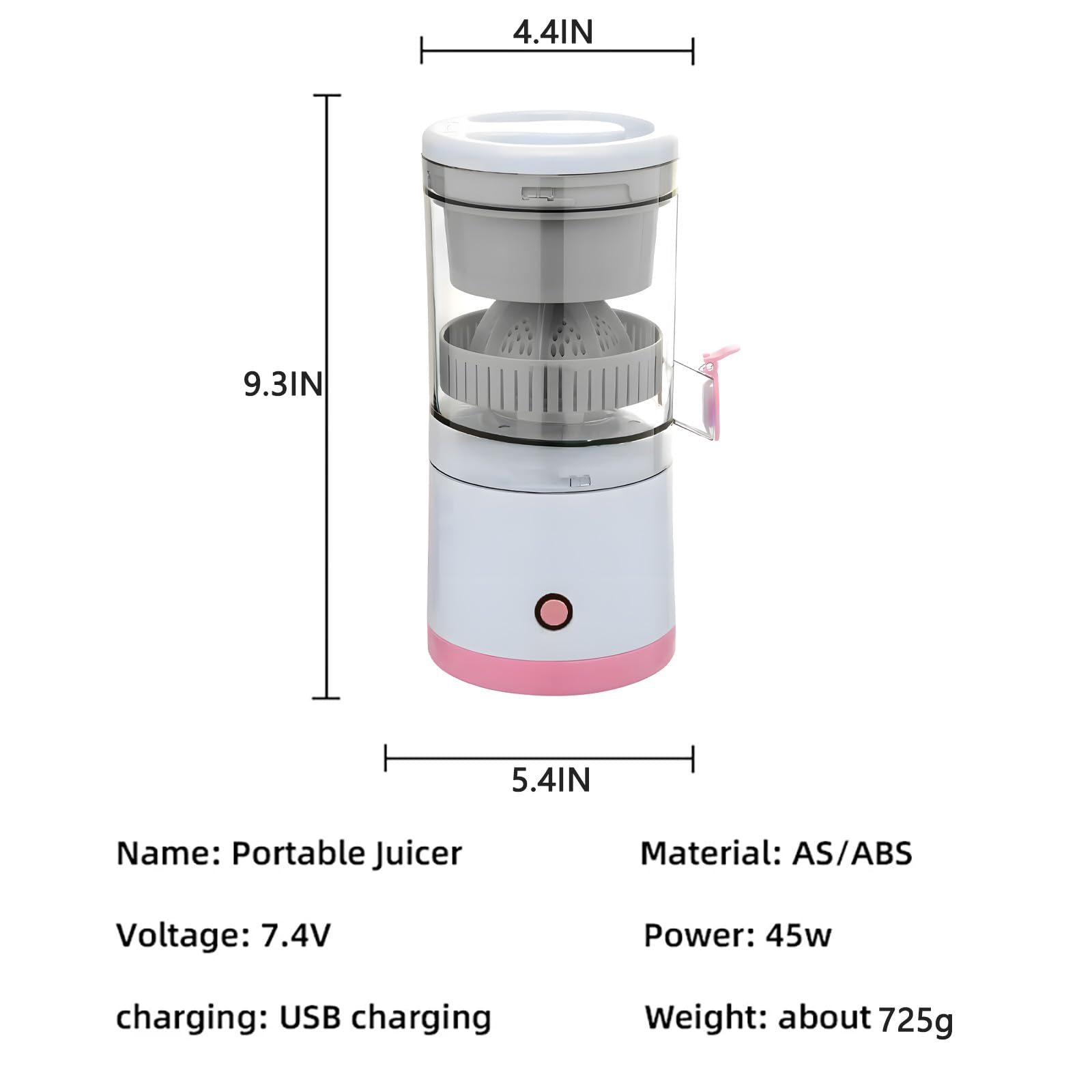 Electric Citrus Juicer with USB Charging - Portable USB-Powered Orange, Lemon, Kiwi & Grapefruit Juicer - Easy to Clean Pink Juicer for Fresh Juice at Home, Office or Travel