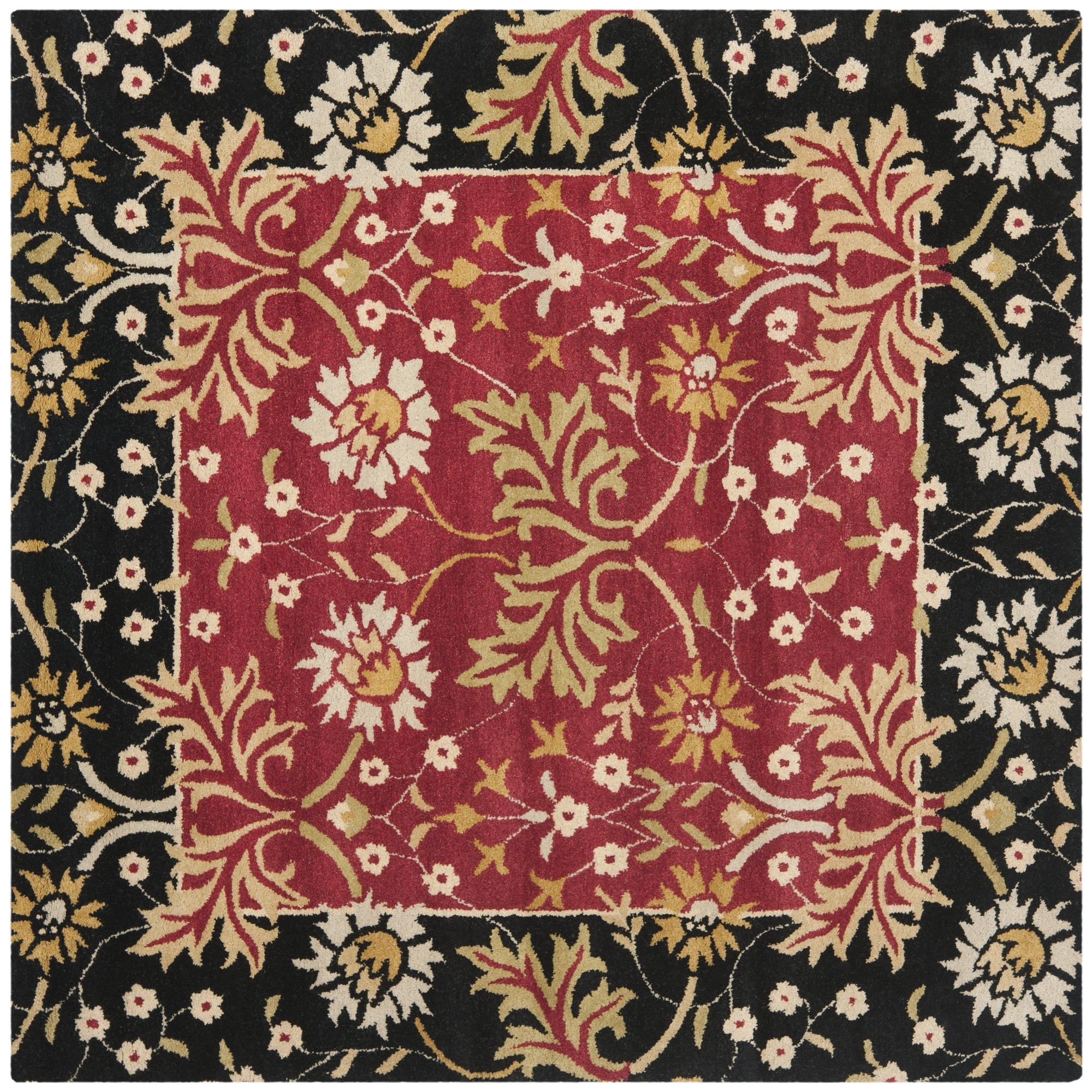 SAFAVIEH Jardin Collection 6'x6' Square Red & Black Floral Wool Area Rug - Handmade Premium Quality for Living Room, Bedroom & Home Decor | JAR725A